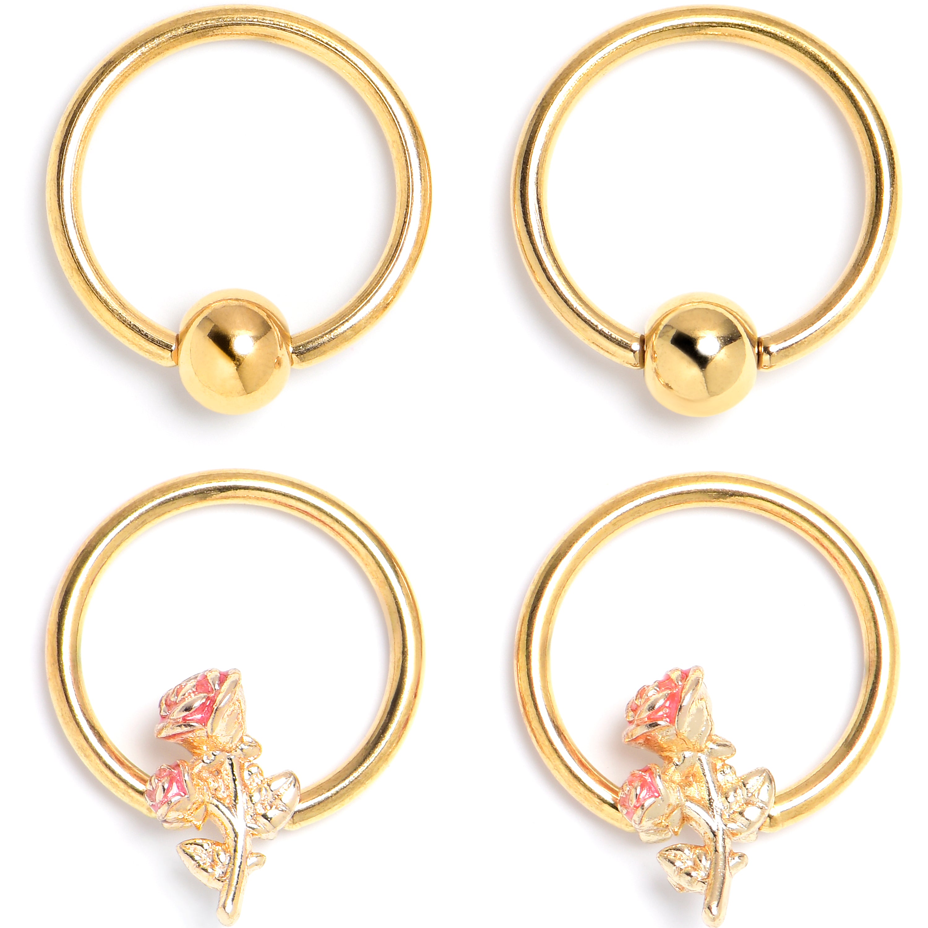 16 Gauge 3/8 Gold Tone Regal Rose BCR Captive Ring Set of 4