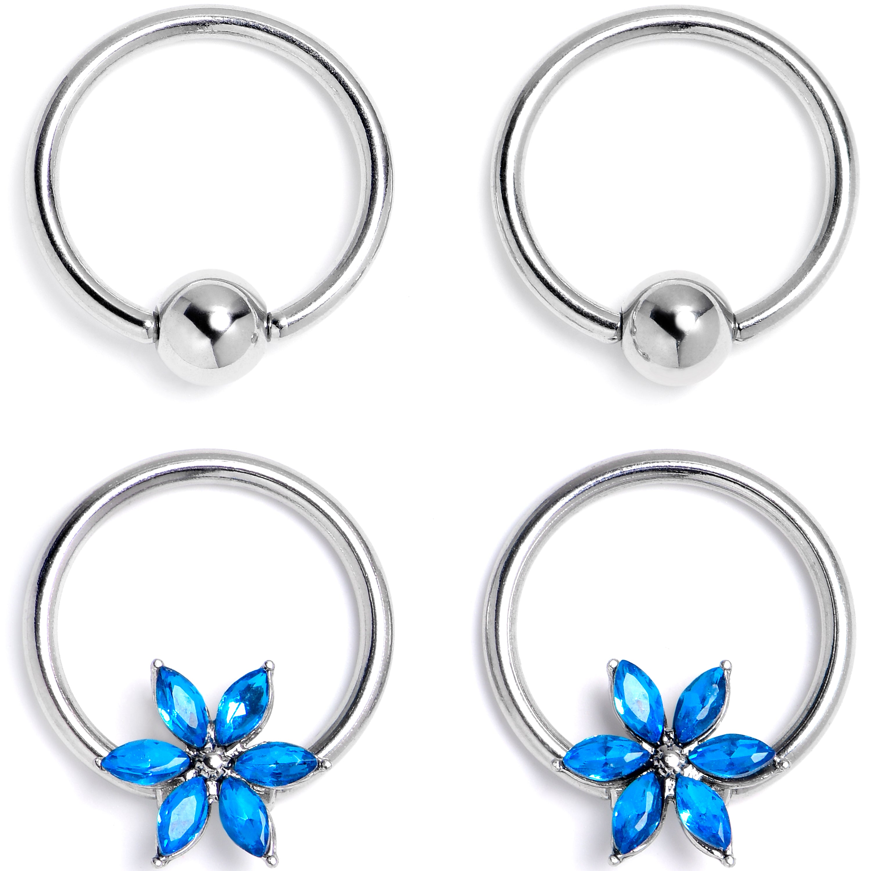 16 Gauge 3/8 Blue Gem Flower Blossom BCR Captive Ring Set of 4