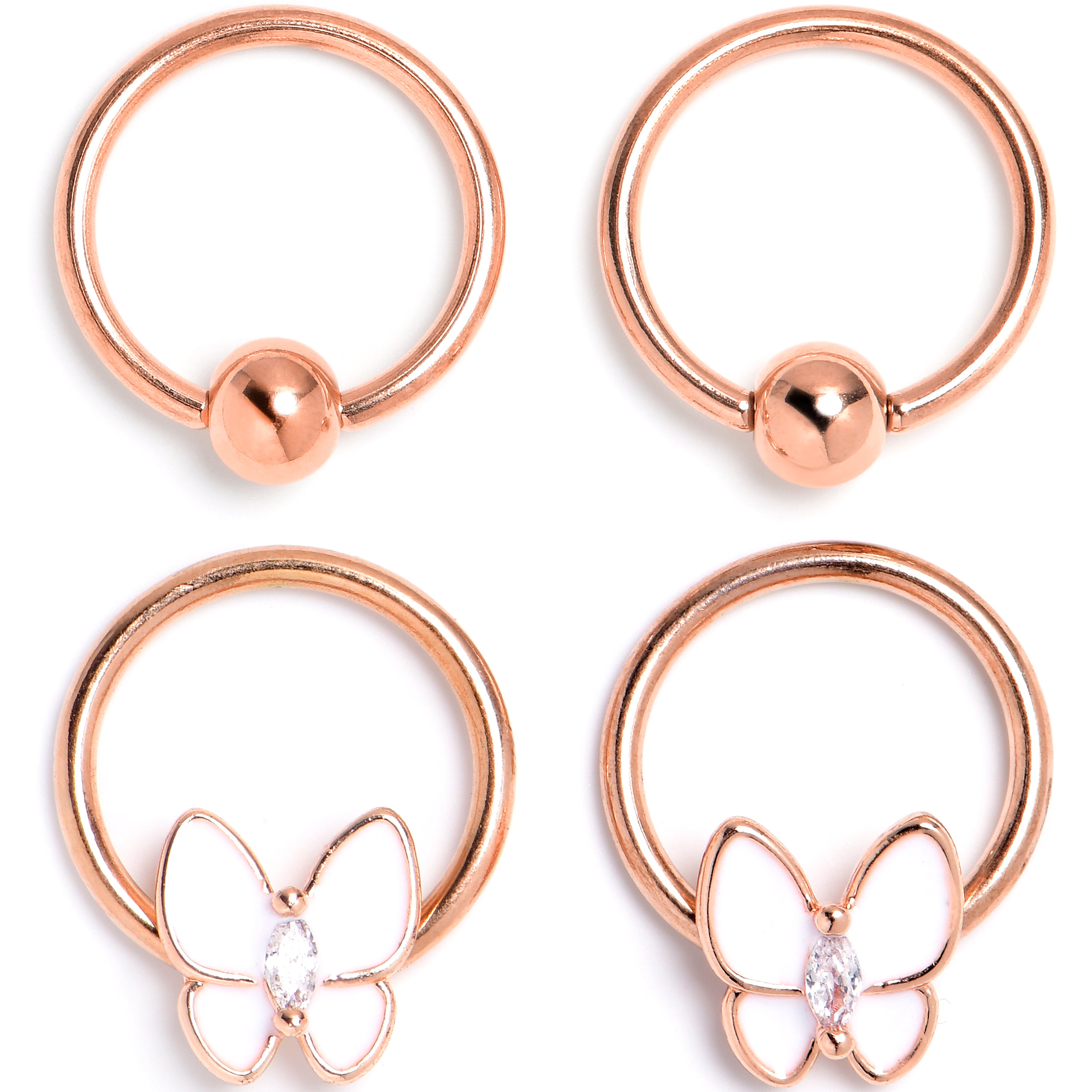 16 Gauge 3/8 Clear Gem Rose Gold Tone Butterfly BCR Captive Ring Set of 4