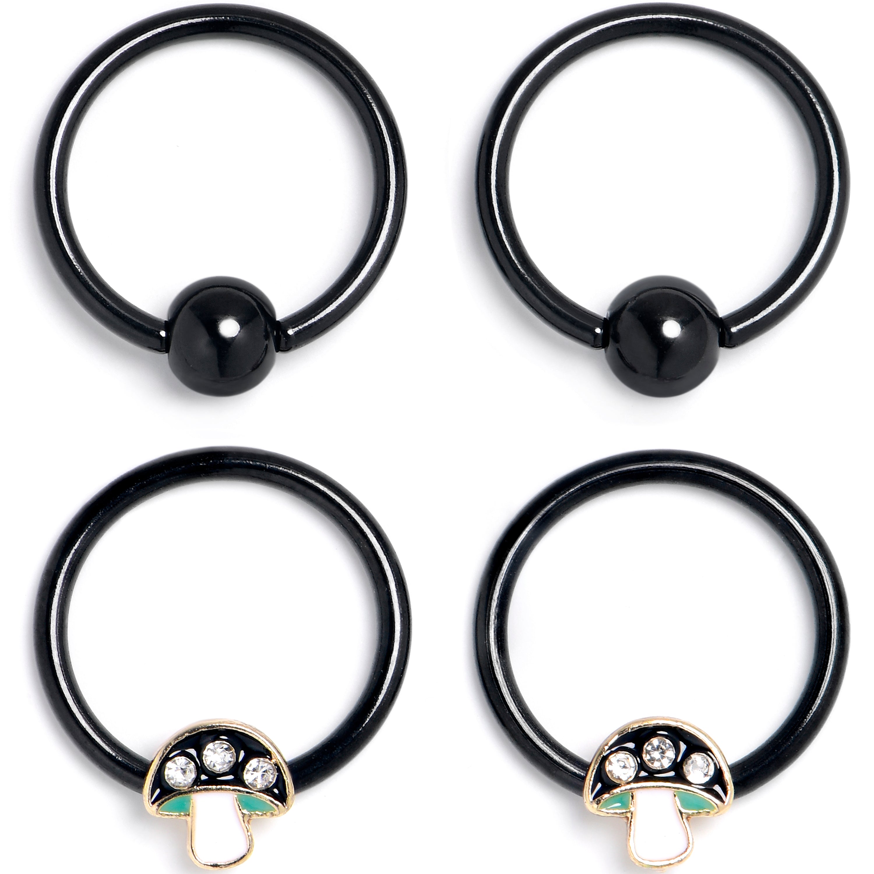 16 Gauge 3/8 Clear Gem Black Mushroom BCR Captive Ring Set of 4