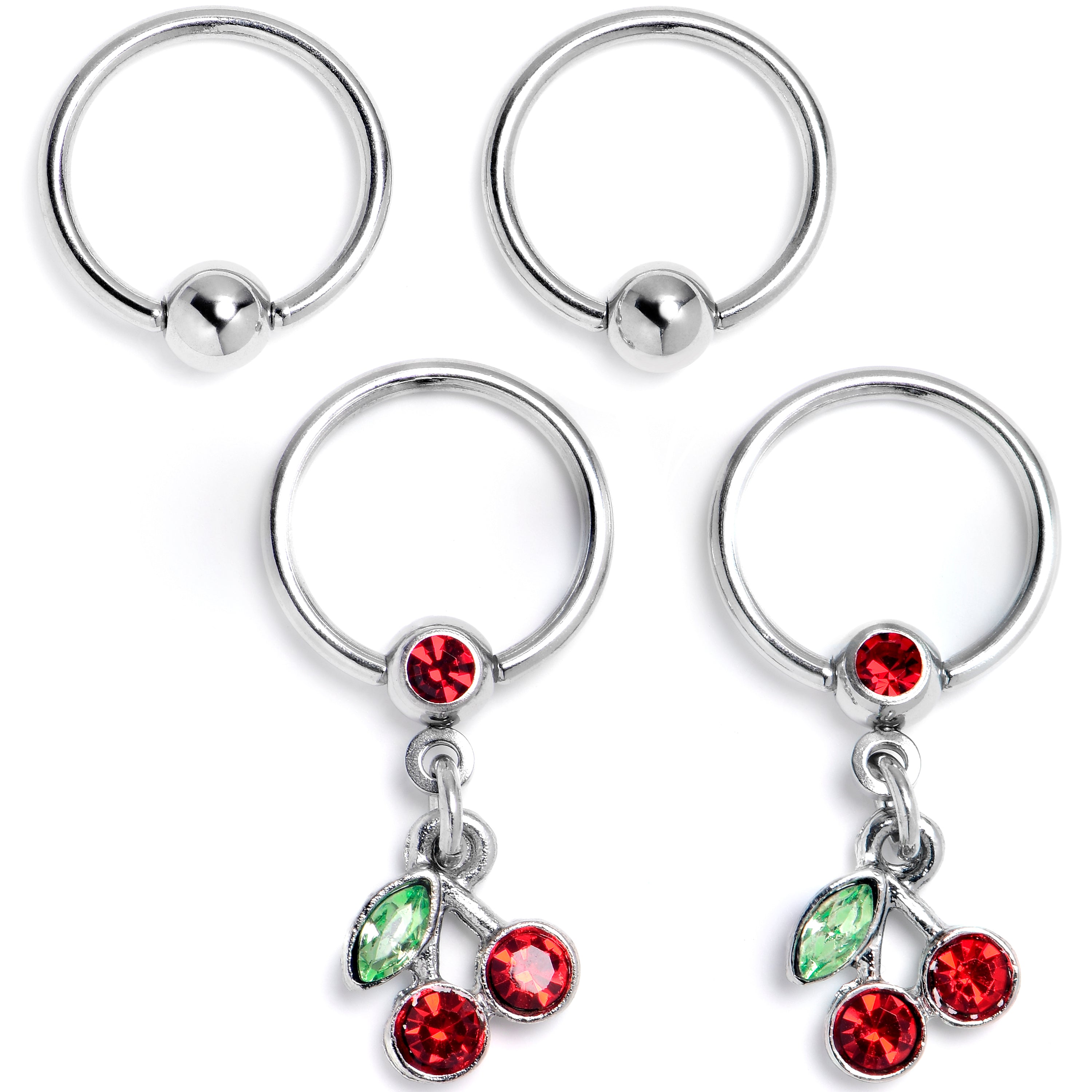 16 Gauge 3/8 Red Green Gem Cherry Dangle BCR Captive Ring Set of 4