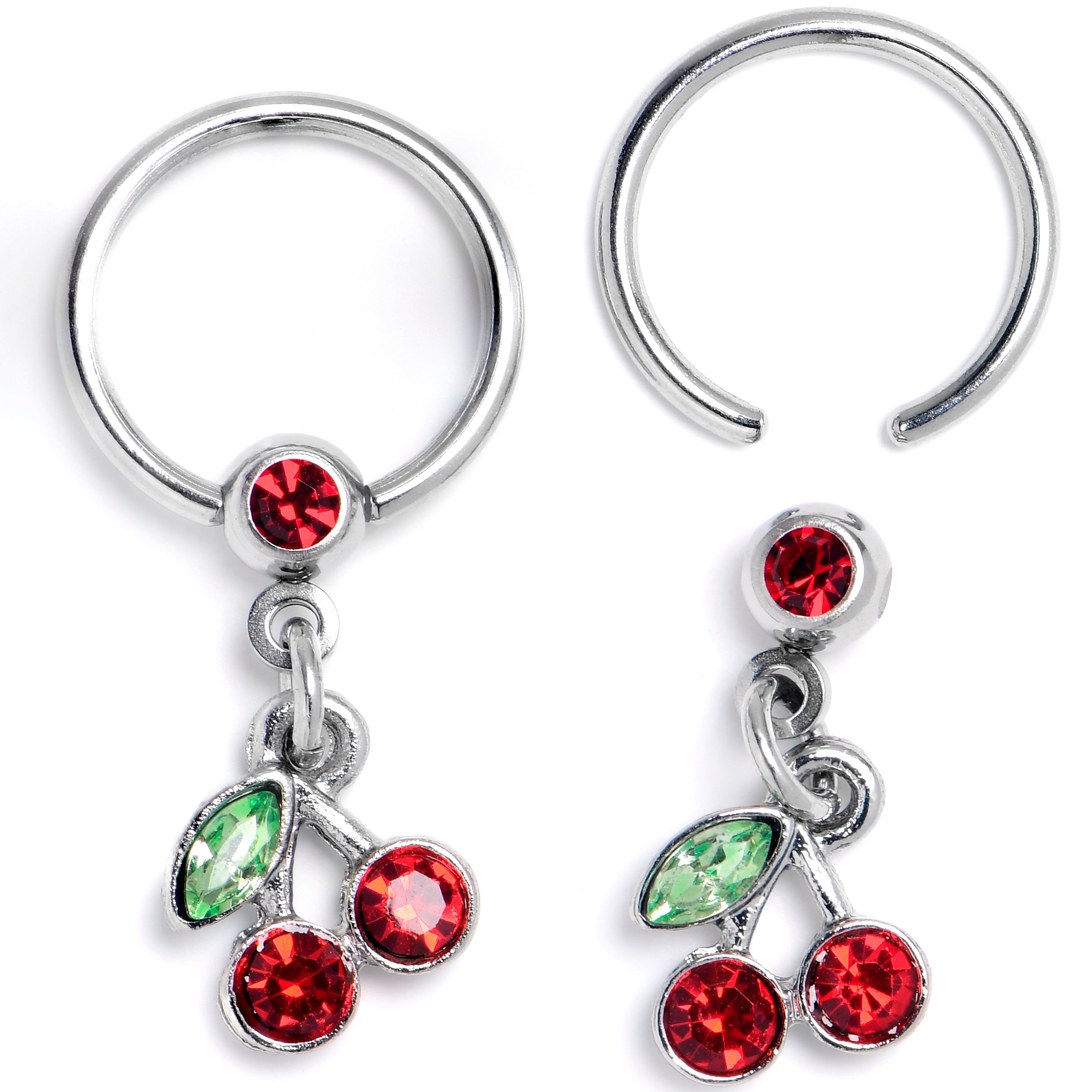 16 Gauge 3/8 Red Green Gem Cherry Dangle BCR Captive Ring Set of 4