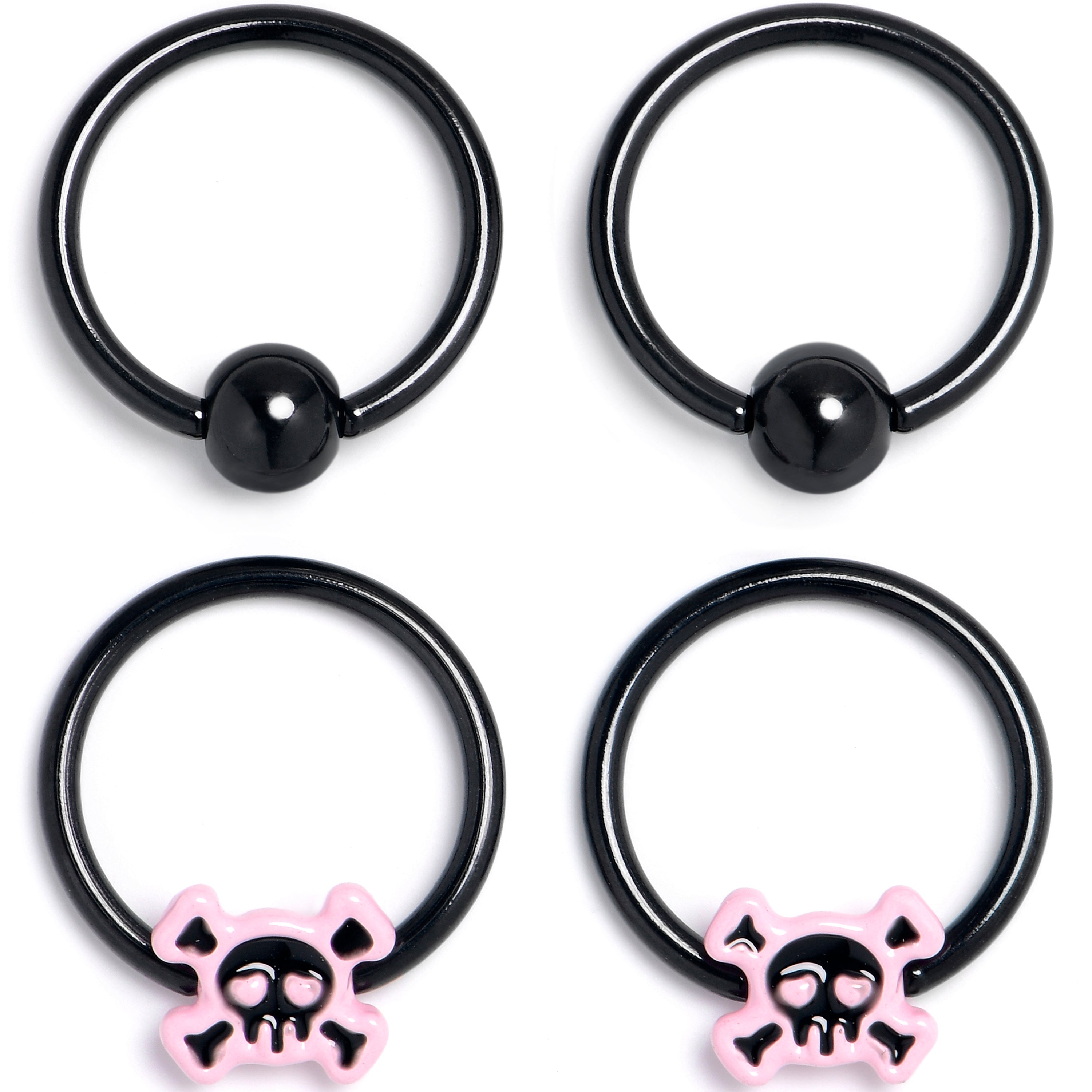 16 Gauge 3/8 Black Skull Crossbones Pink BCR Captive Ring Set of 4