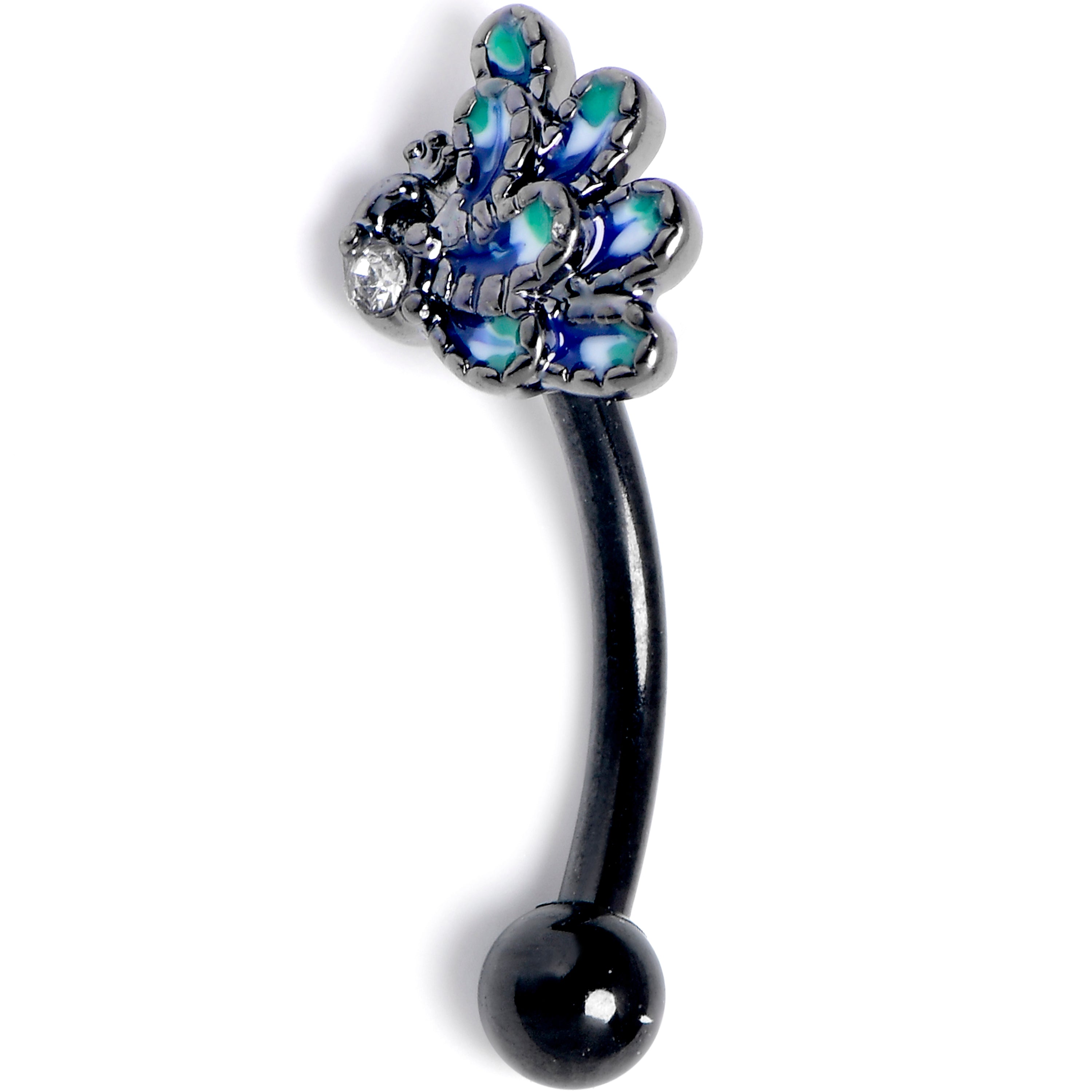 16 Gauge 5/16 Clear Gem Black Peacock Green Curved Eyebrow Ring