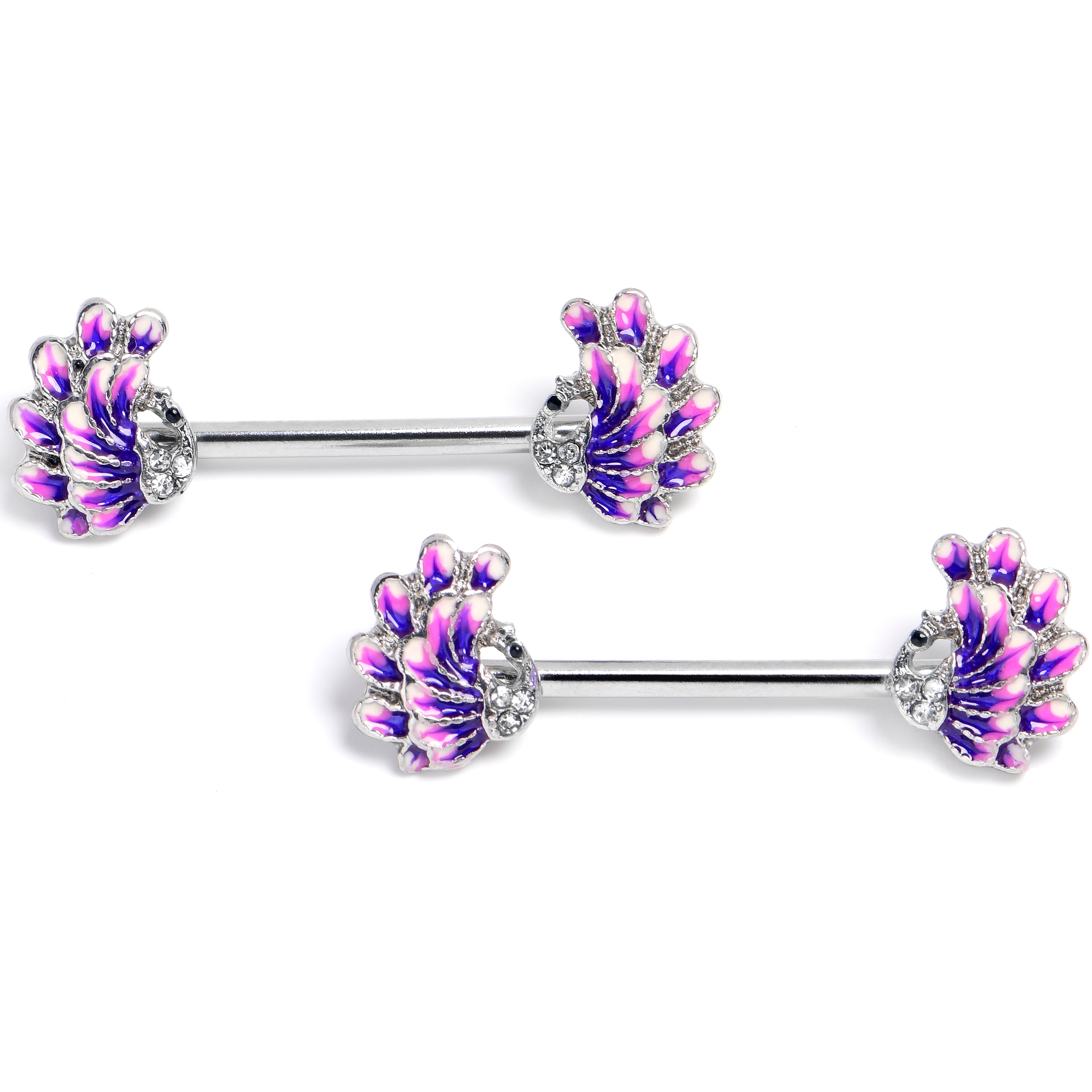 14 Gauge 9/16 Clear Gem Peacock Purple Barbell Nipple Ring Set