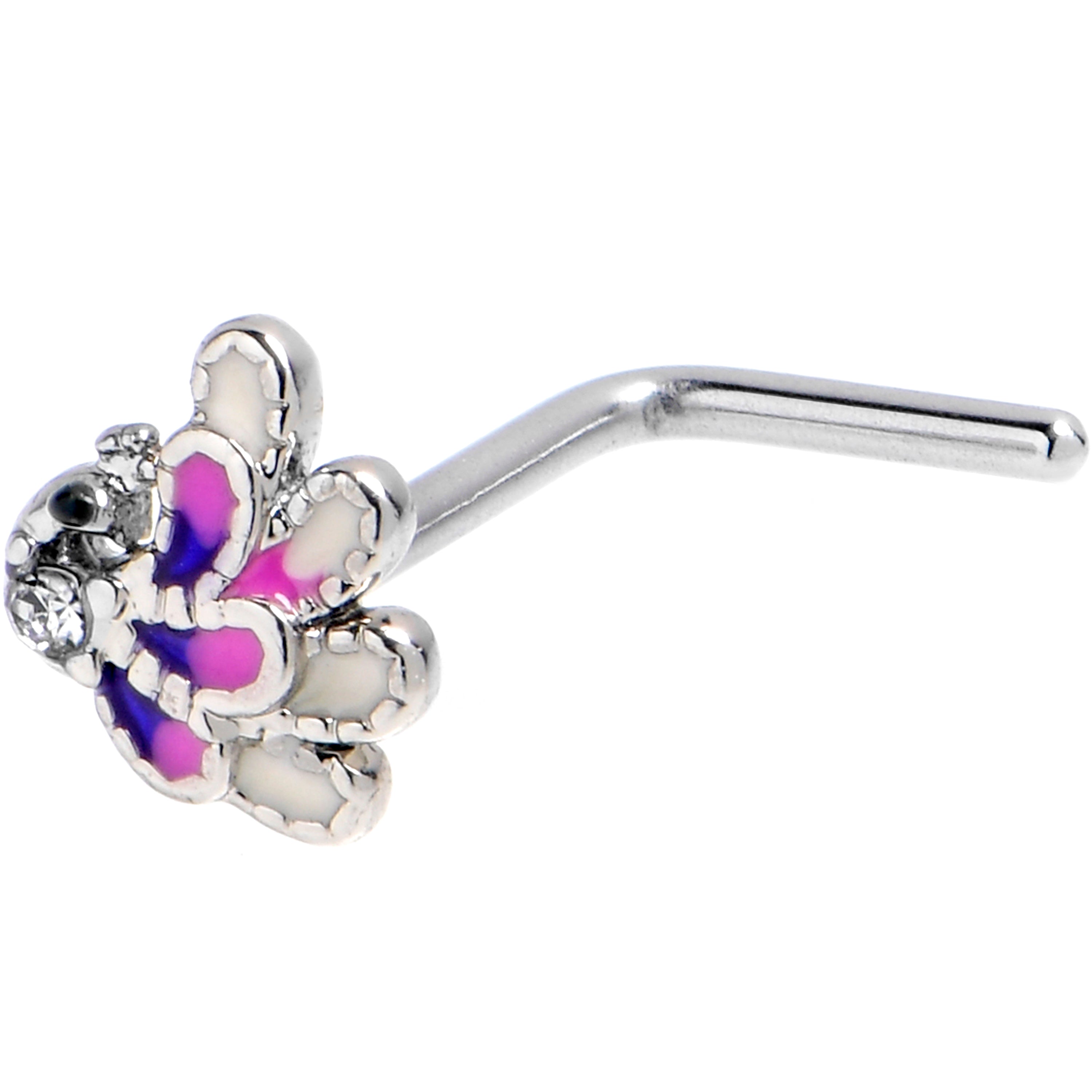 20 Gauge 7mm Clear Gem Peacock Purple L Shape Nose Ring