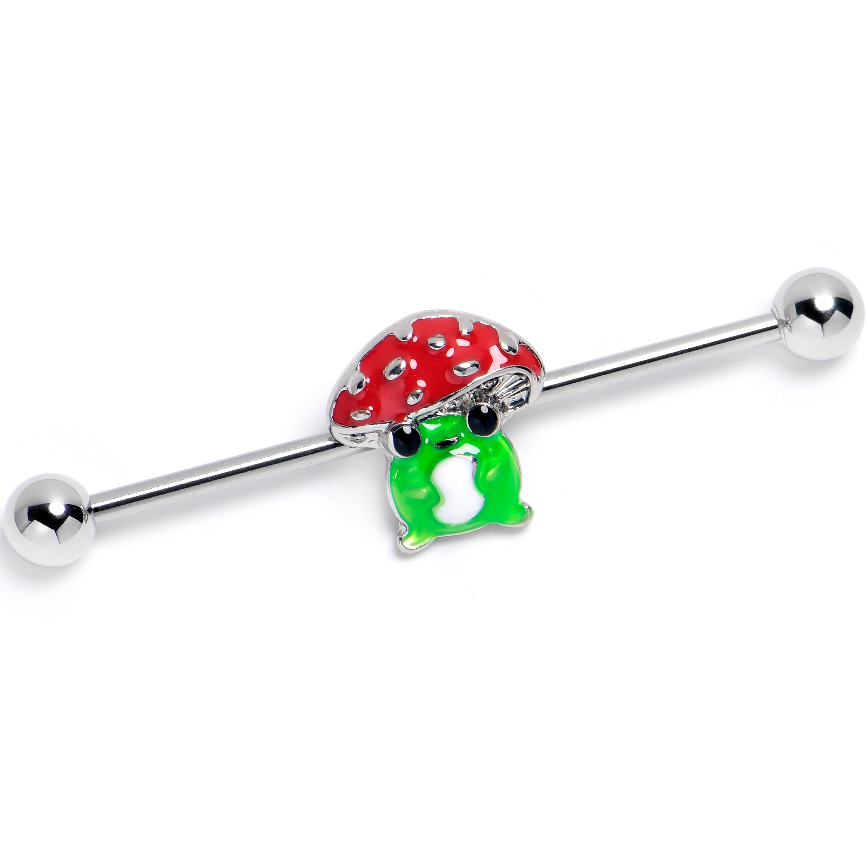 14 Gauge Happy Mushroom Green Red Industrial Barbell 38mm