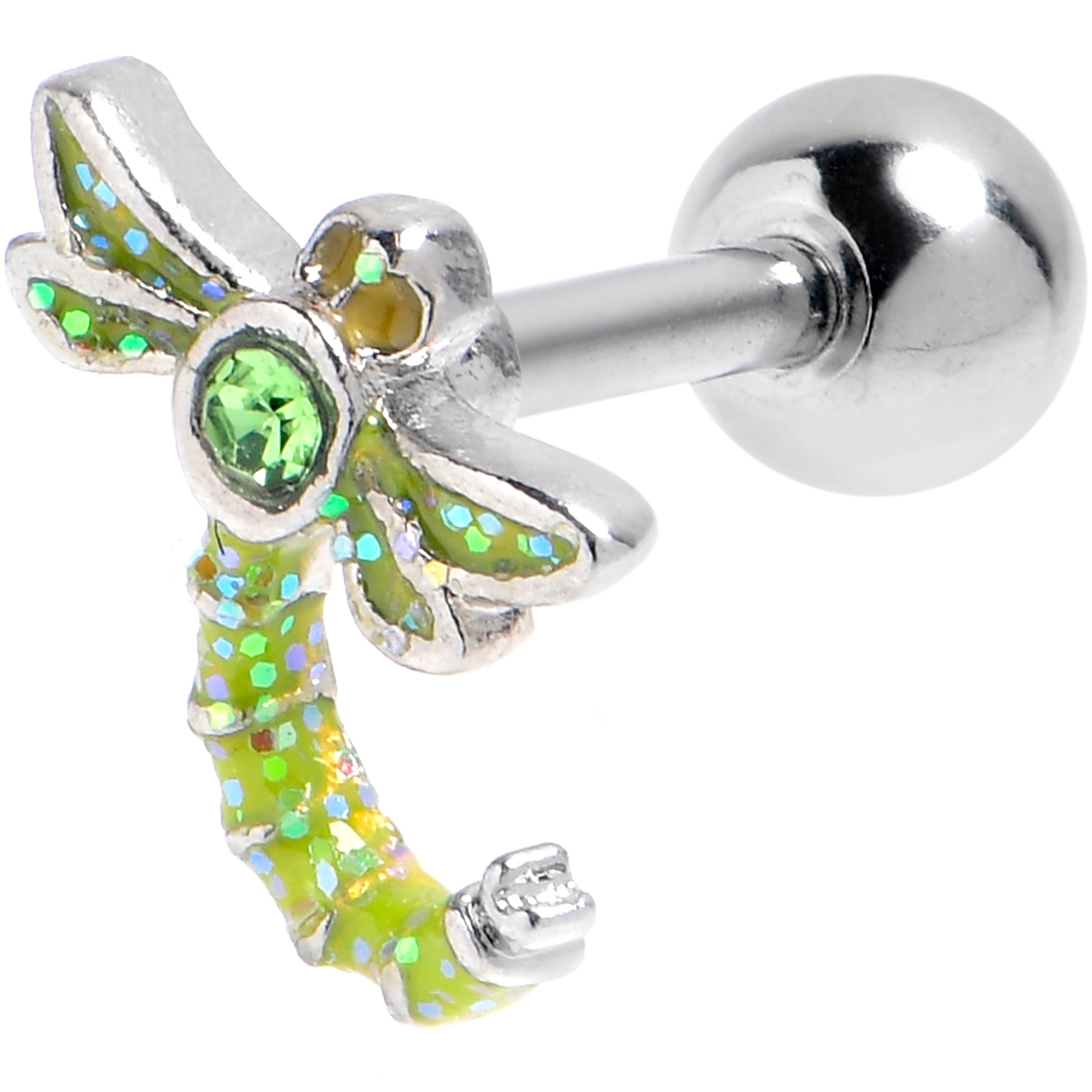 16 Gauge 1/4 Green Gem Glitter Dragonfly Cartilage Tragus Earring