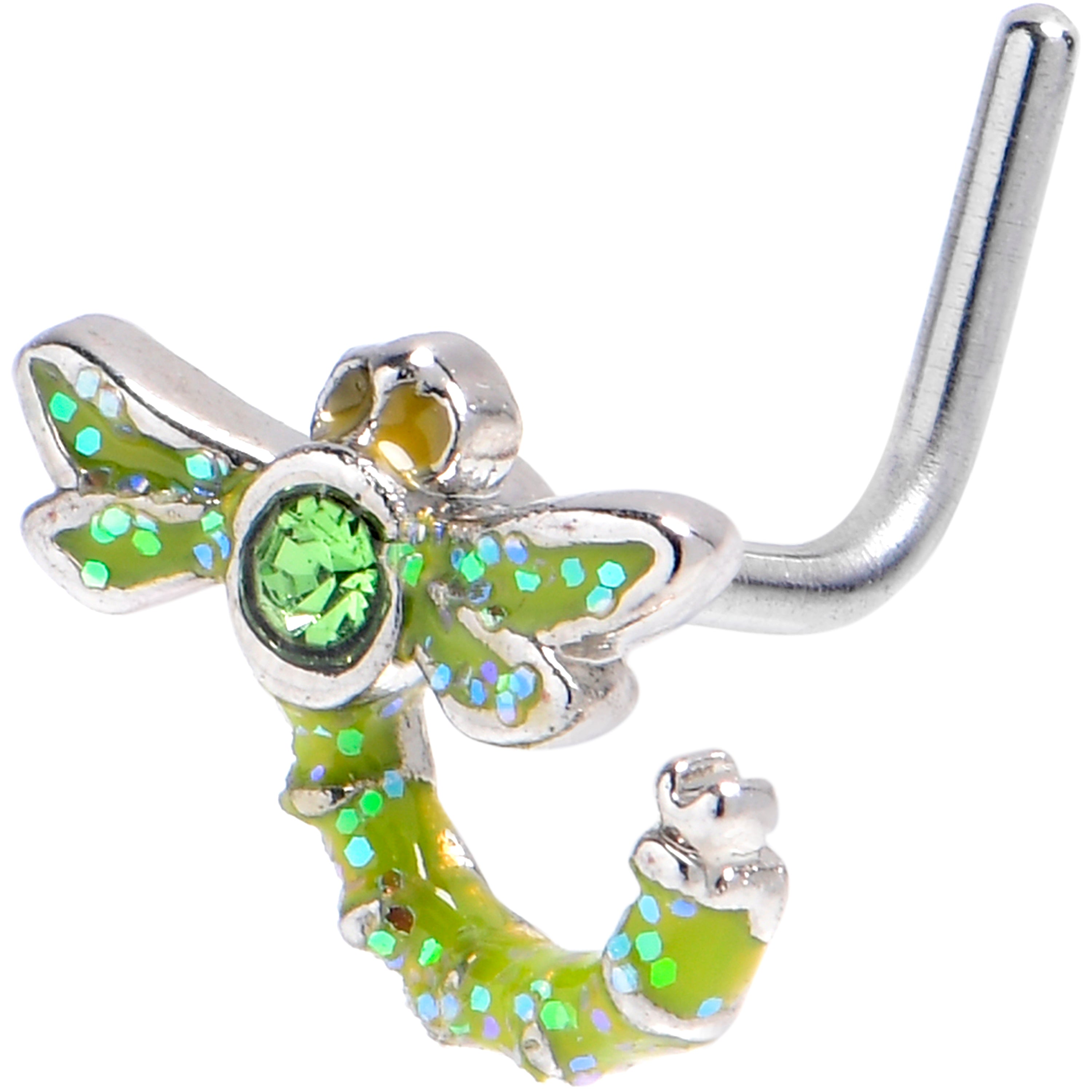 20 Gauge 7mm Green Gem Glitter Dragonfly L Shape Nose Ring