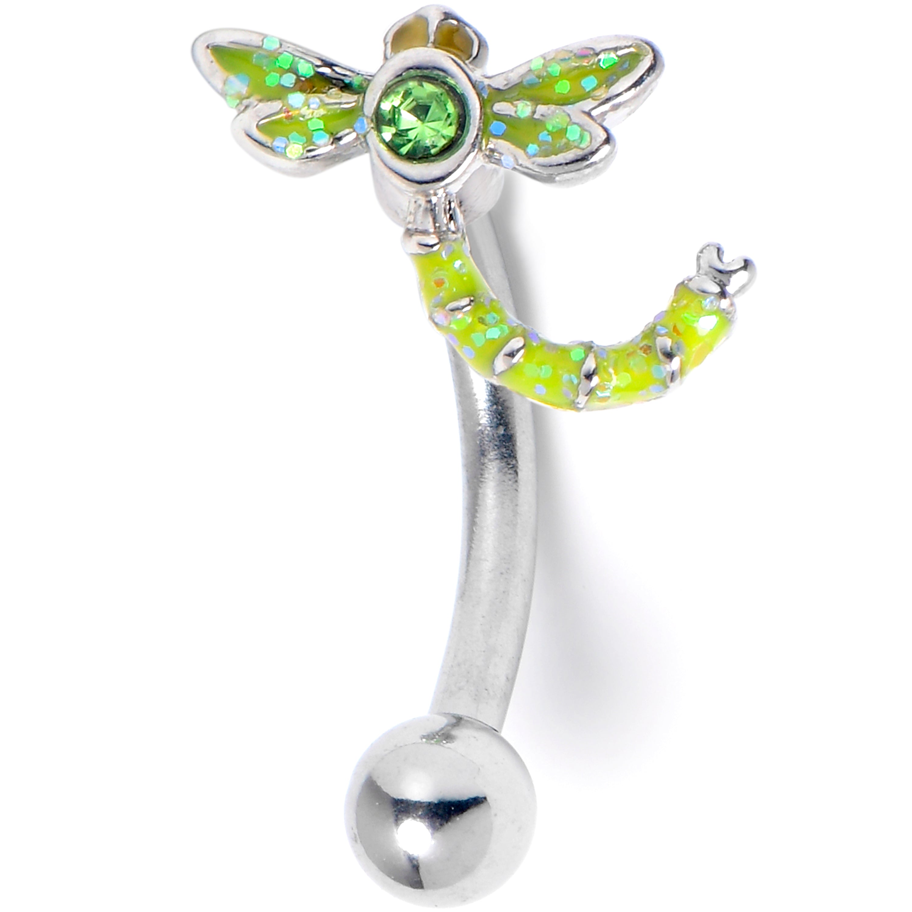 16 Gauge 5/16 Green Gem Glitter Dragonfly Curved Eyebrow Ring