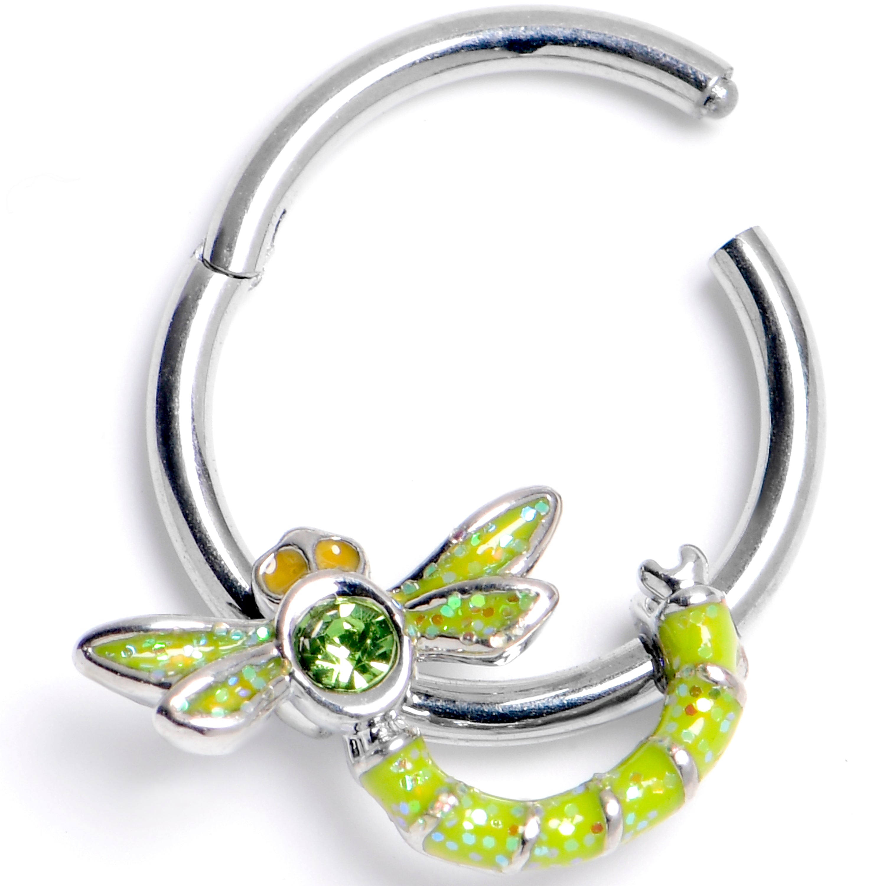 16 Gauge 3/8 Green Gem Dragonfly Green Hinged Segment Ring