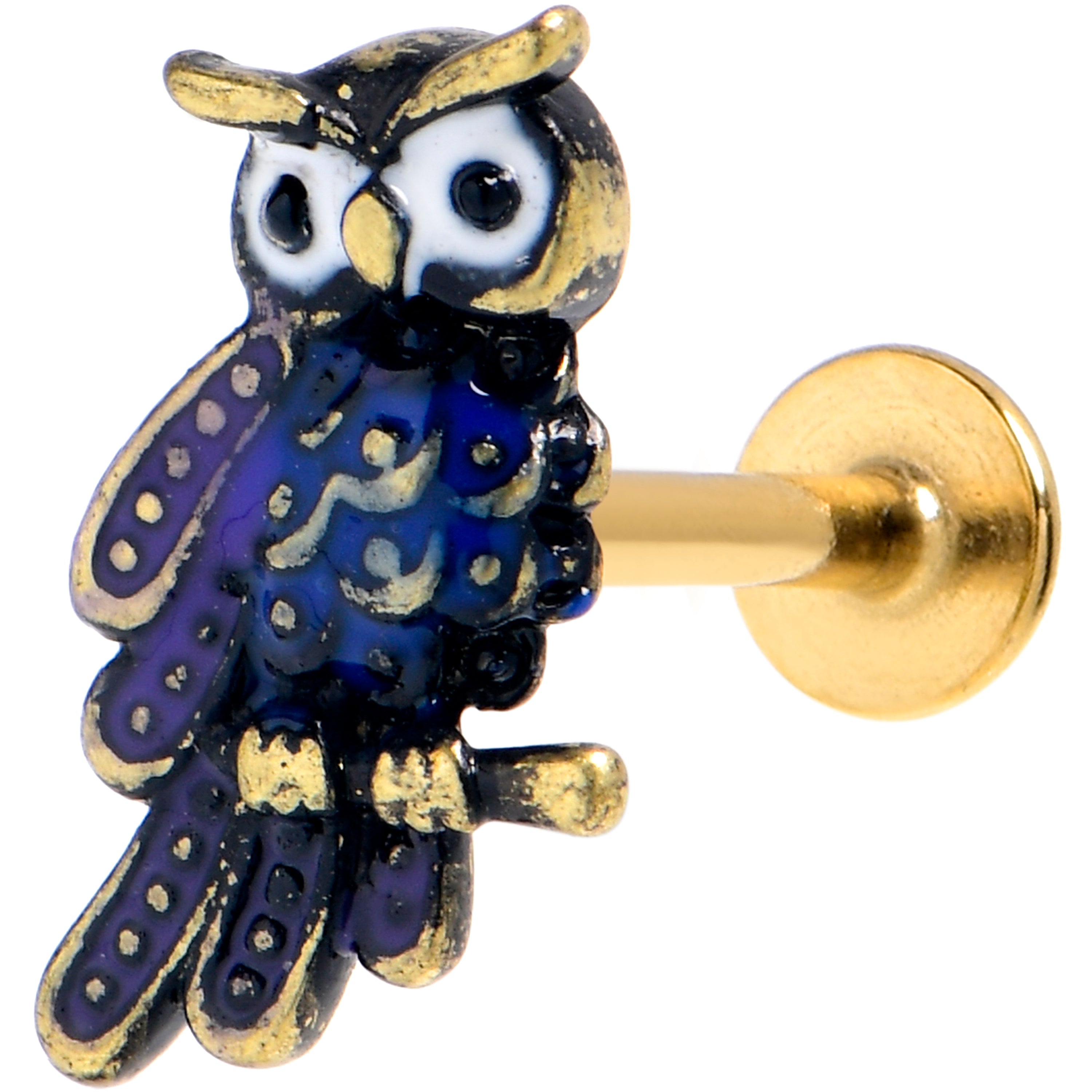 16 Gauge 5/16 Gold Tone Regal Owl Blue Labret Monroe Tragus