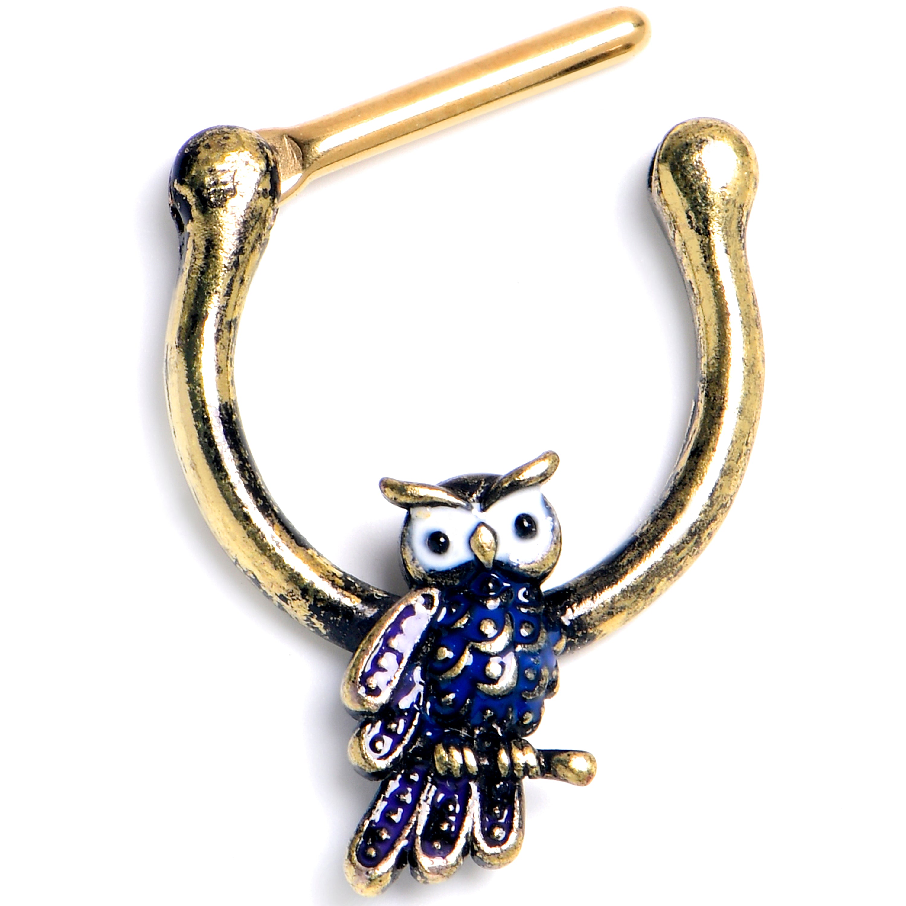 16 Gauge 5/16 Gold Tone Regal Owl Blue Cartilage Clicker