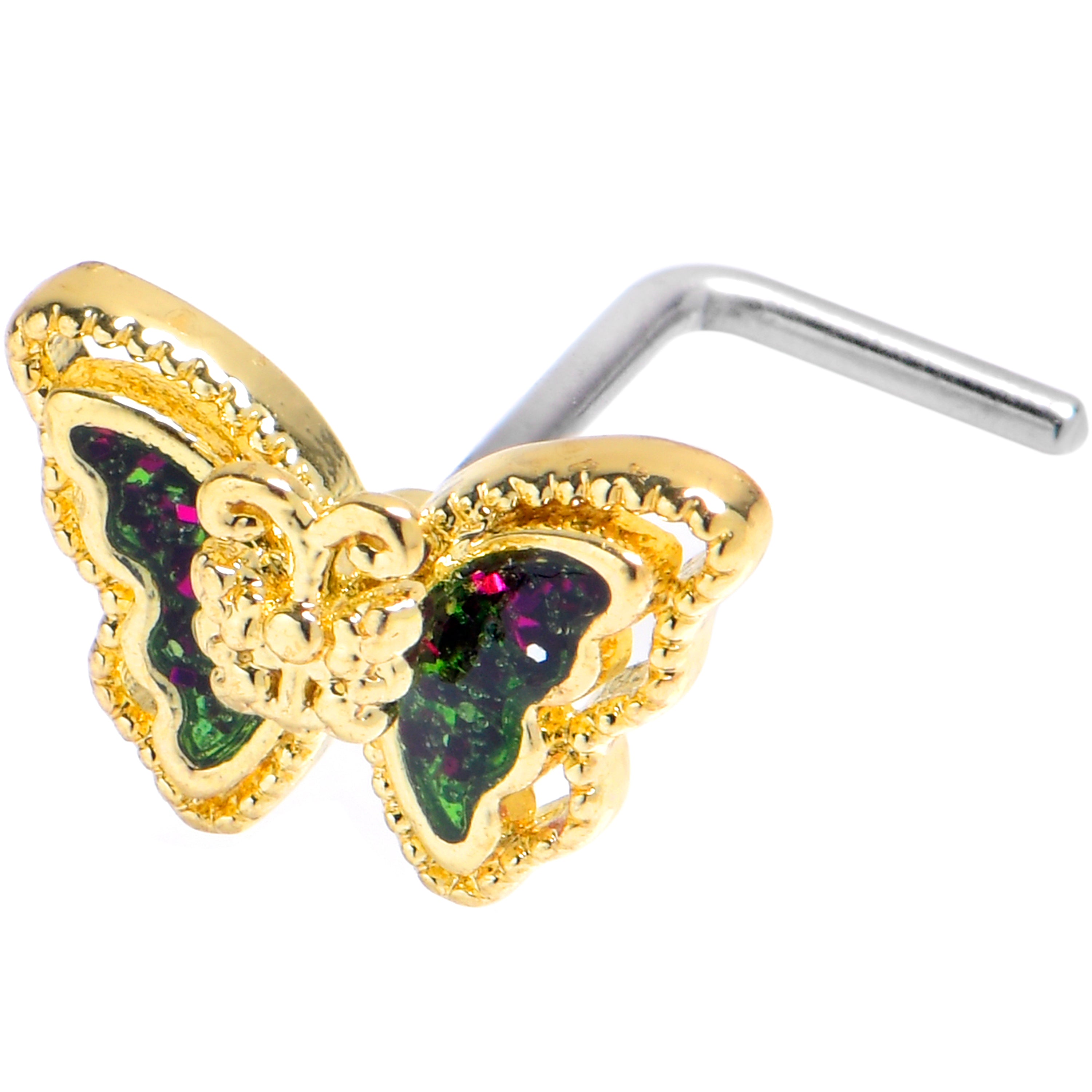 20 Gauge 7mm Vitrail Gem Classic Butterfly Golden L Shape Nose Ring