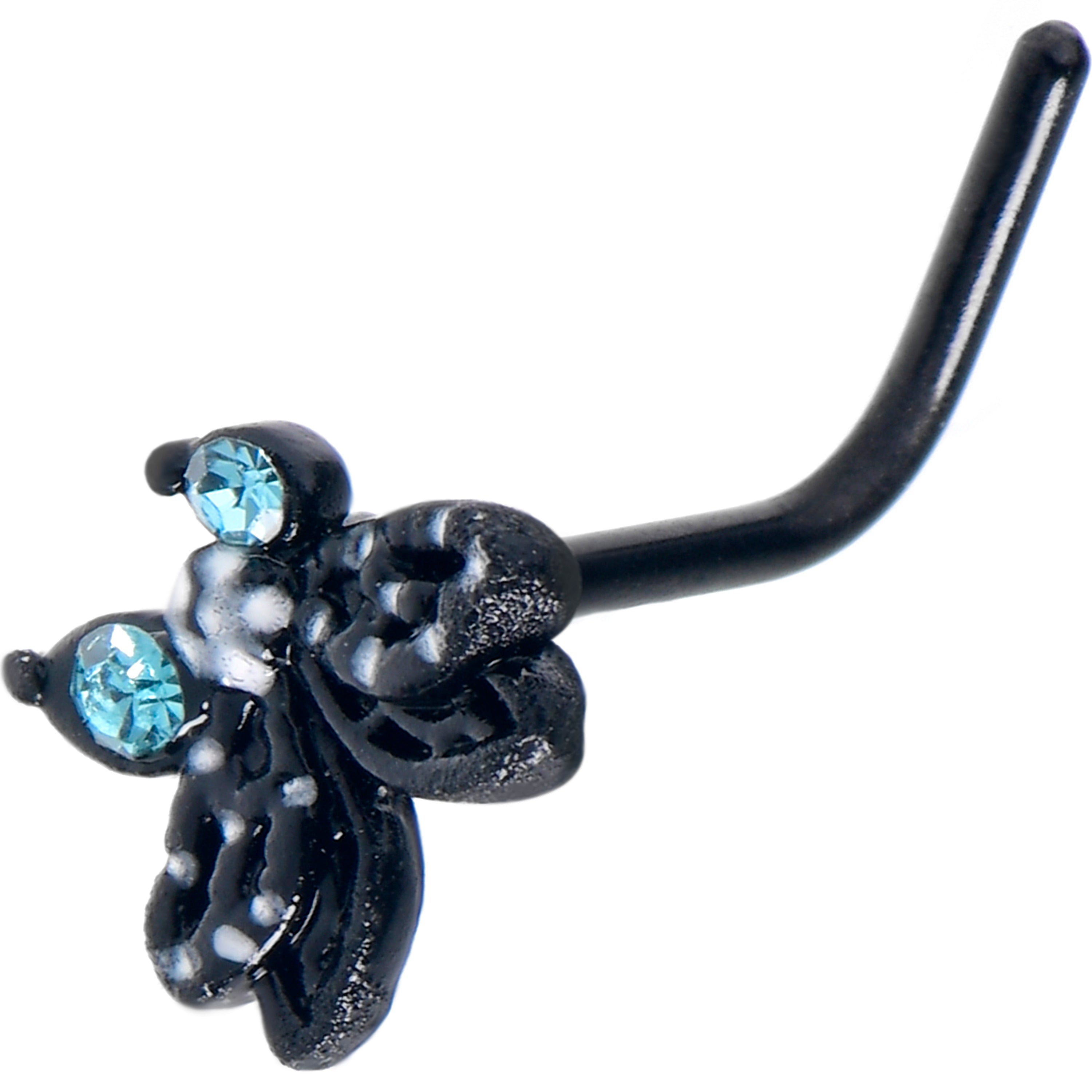 20 Gauge 7mm Blue CZ Gem Black Night Drama Butterfly L Shape Nose Ring