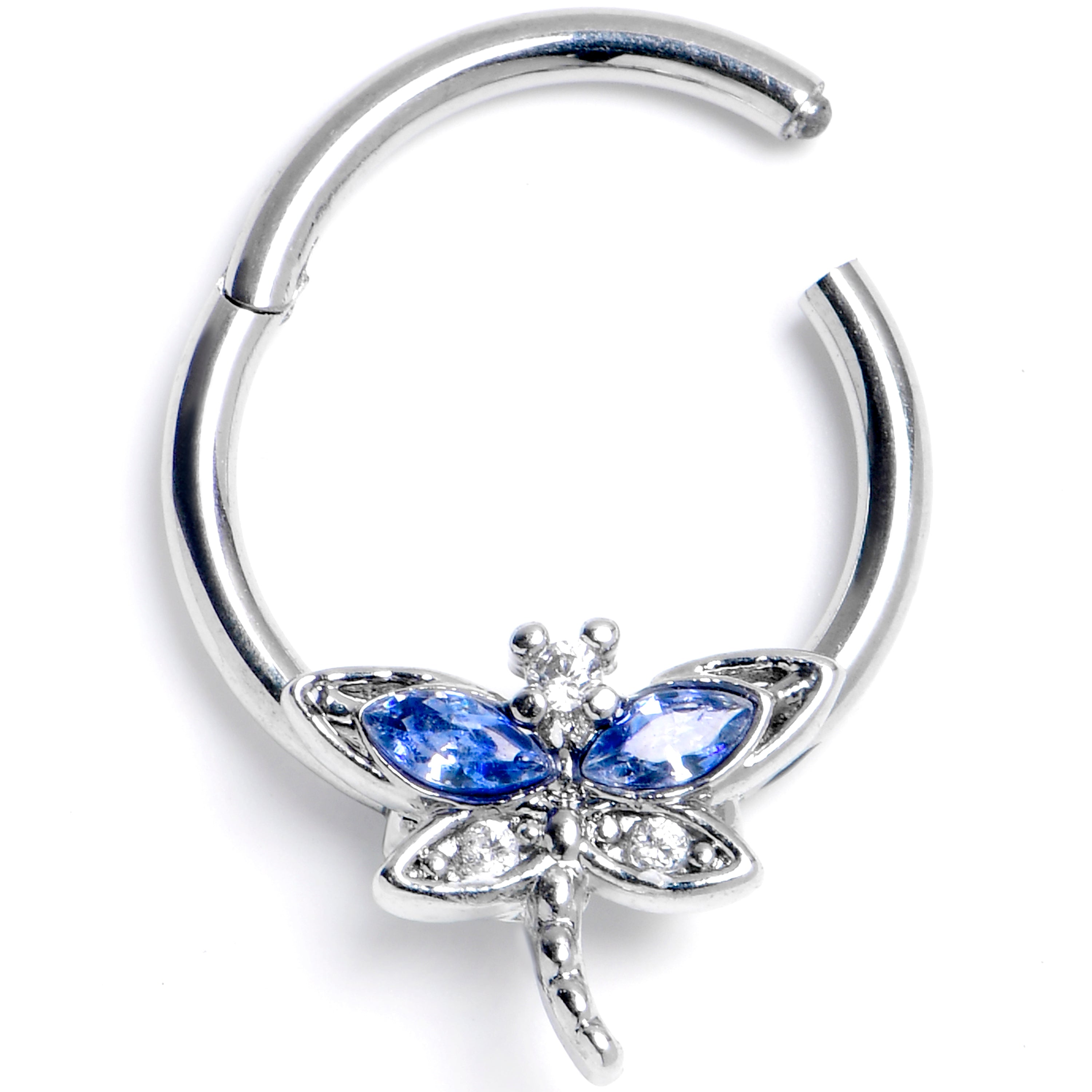 16 Gauge 3/8 Blue Clear CZ Gem Dragonfly Style Hinged Segment Ring