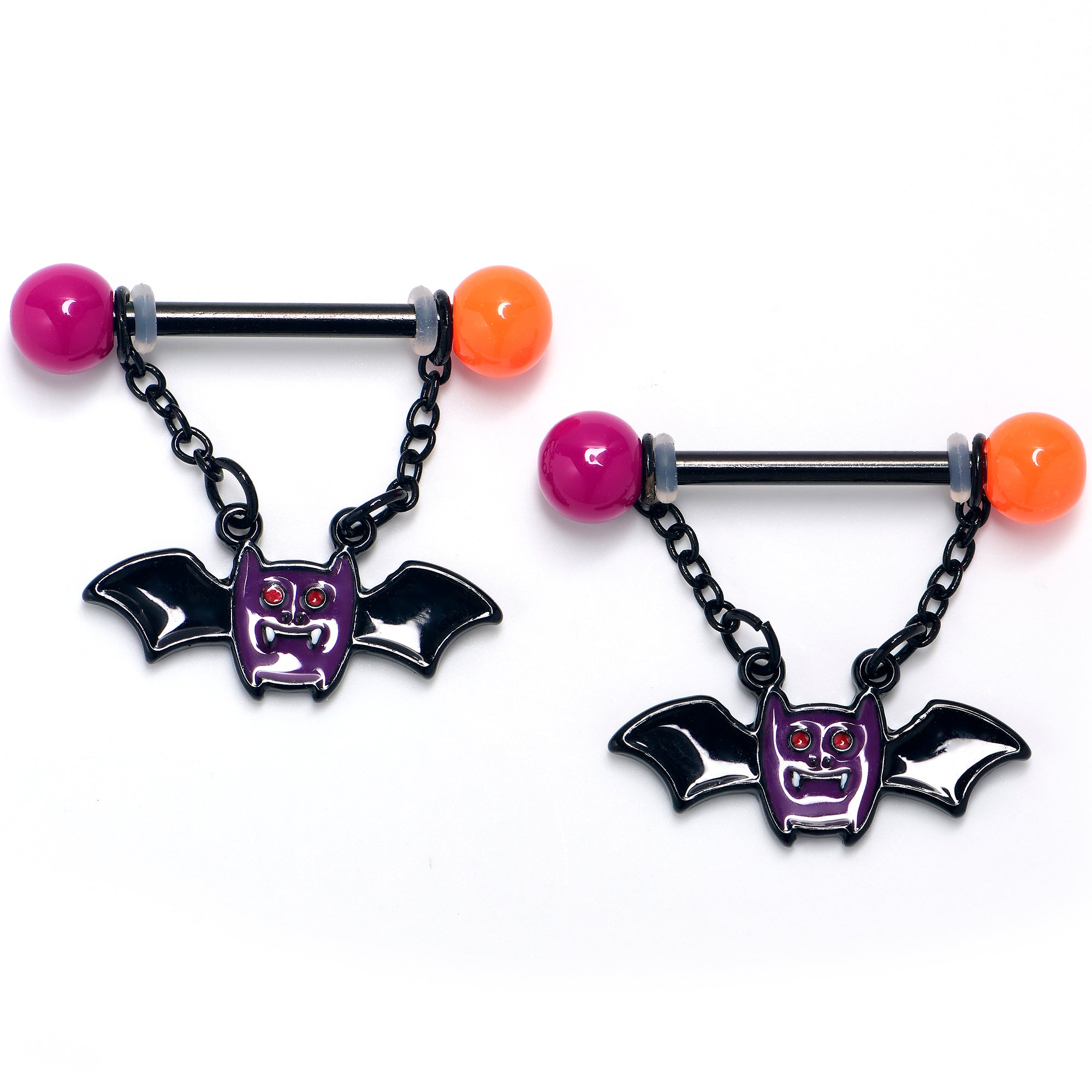 14 Gauge 9/16 Demon Bat Chain Dangle Nipple Ring Set