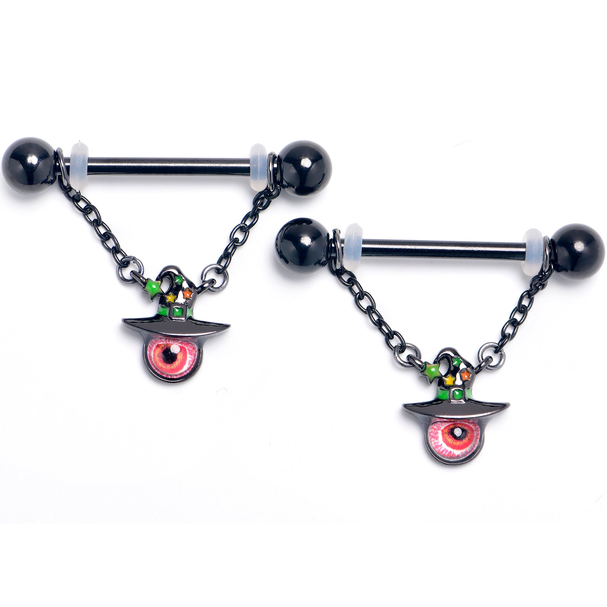 14 Gauge 9/16 Red Eye Witch Hat Chain Dangle Nipple Ring Set