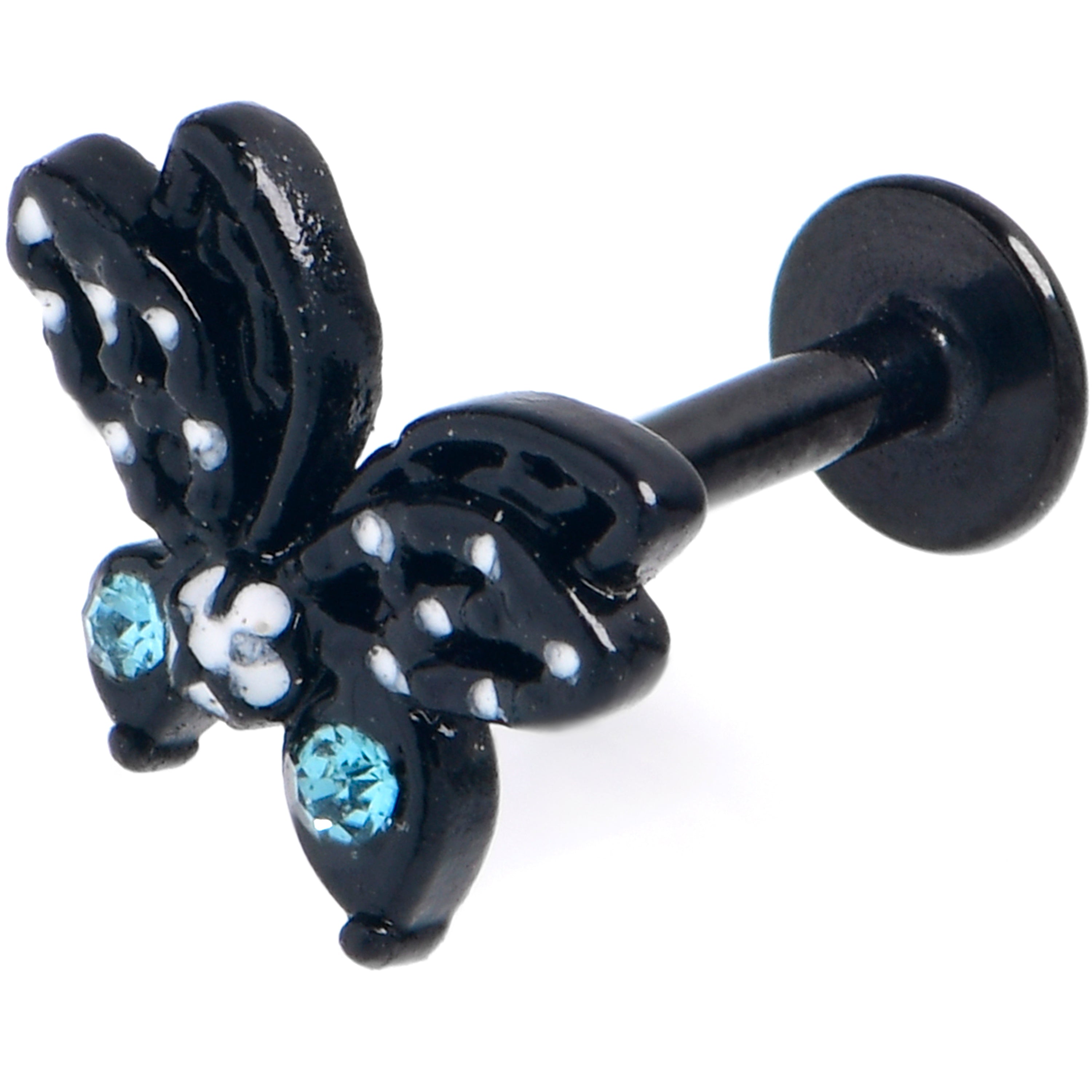 16 Gauge 5/16 Blue CZ Gem Black Night Drama Butterfly Labret Tragus