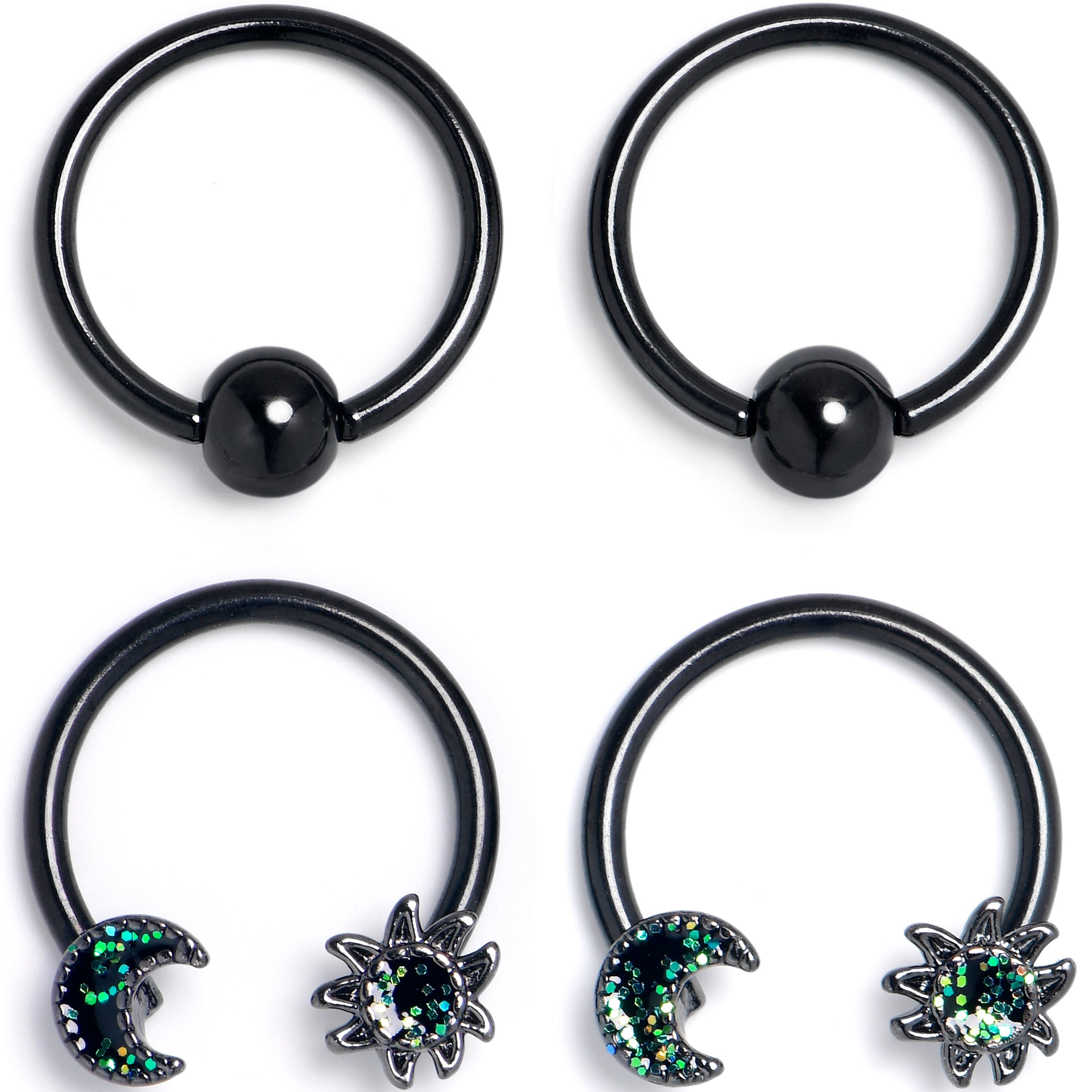 16 Gauge 3/8 Green Faux Opal Black Moon Sun BCR Horseshoe Set of 4