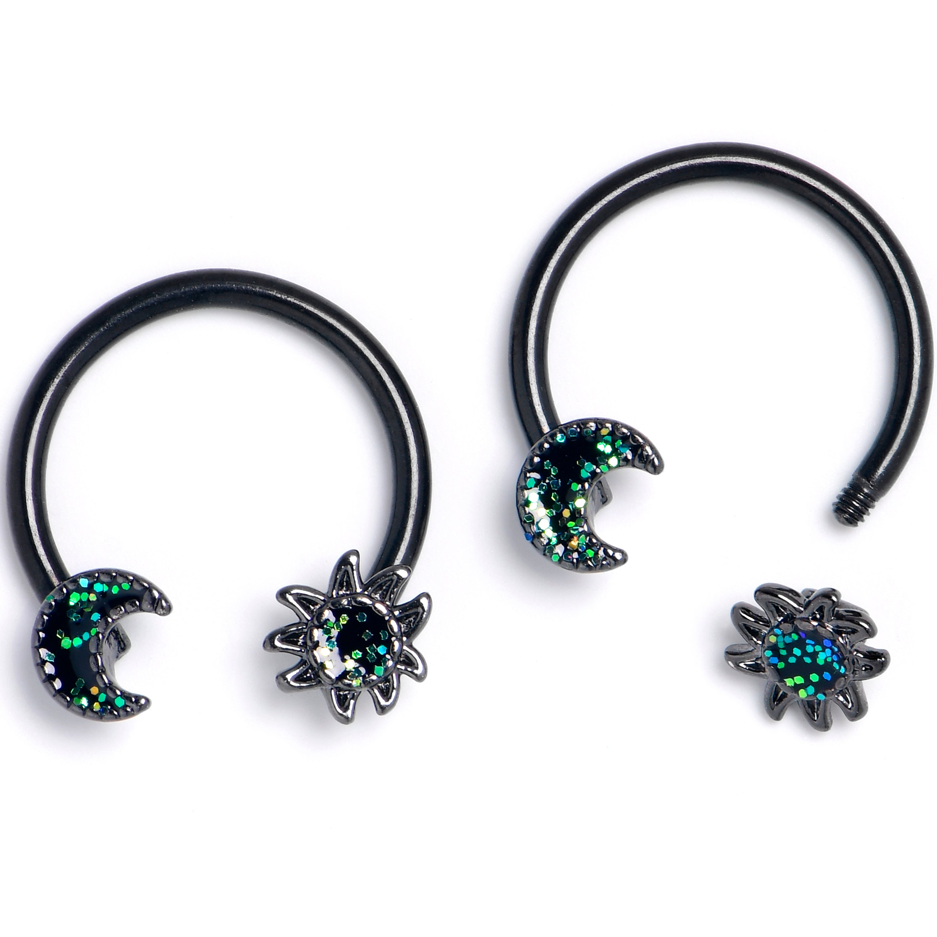 16 Gauge 3/8 Green Faux Opal Black Moon Sun BCR Horseshoe Set of 4