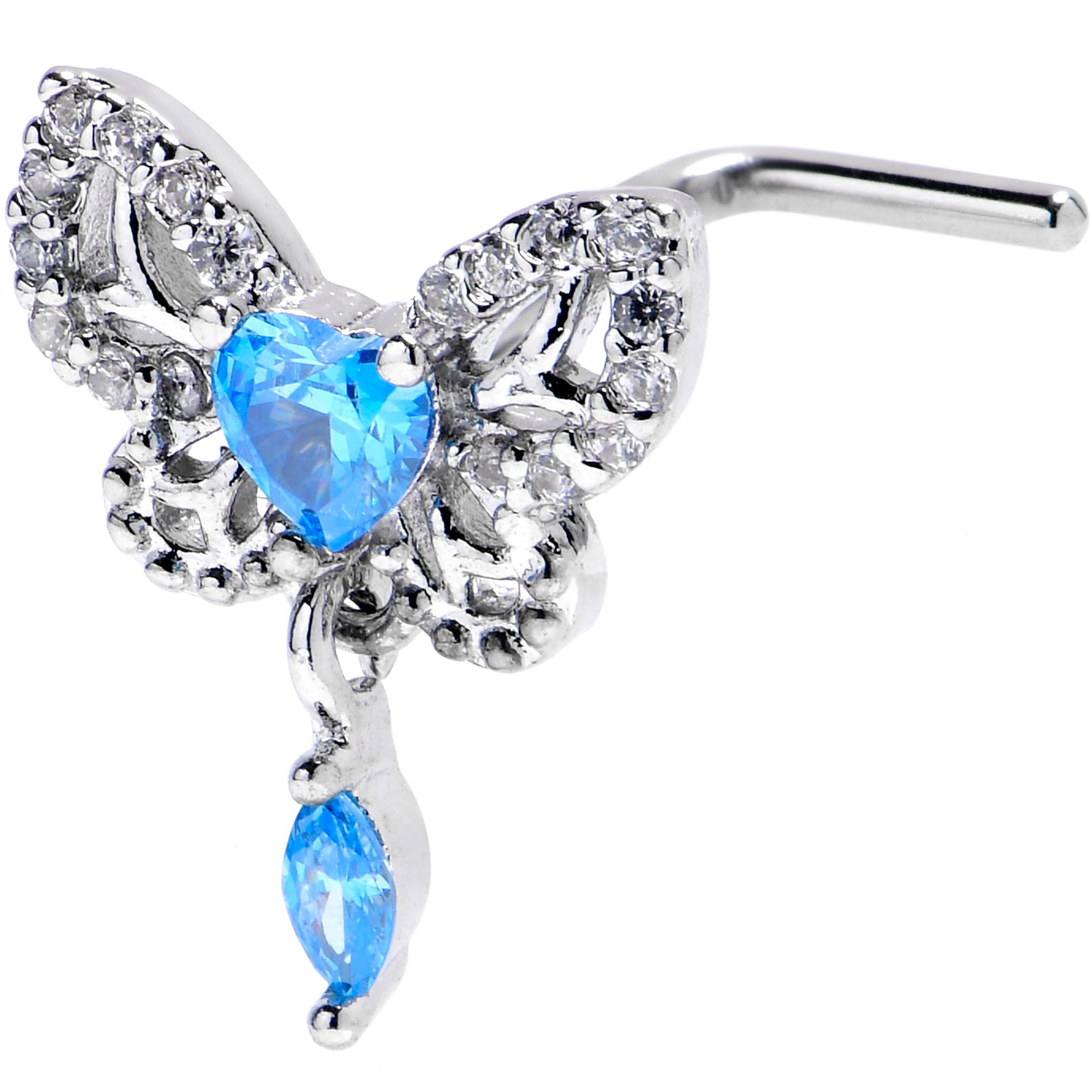 20 Gauge 1/4 Blue CZ Gem Butterfly Delight Dangle L Shape Nose Ring