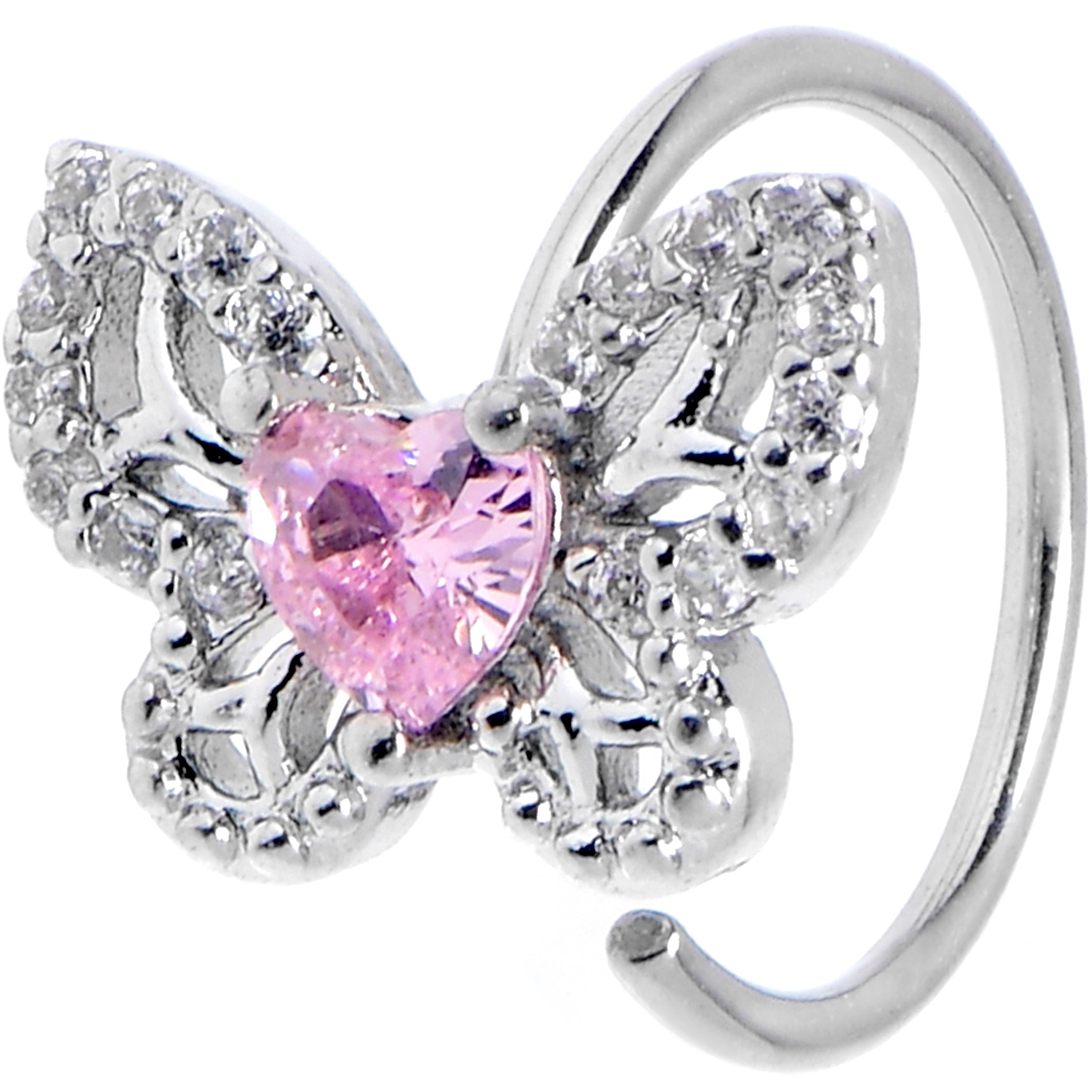 20 Gauge 5/16 Pink CZ Gem Butterfly Delight Nose Hoop