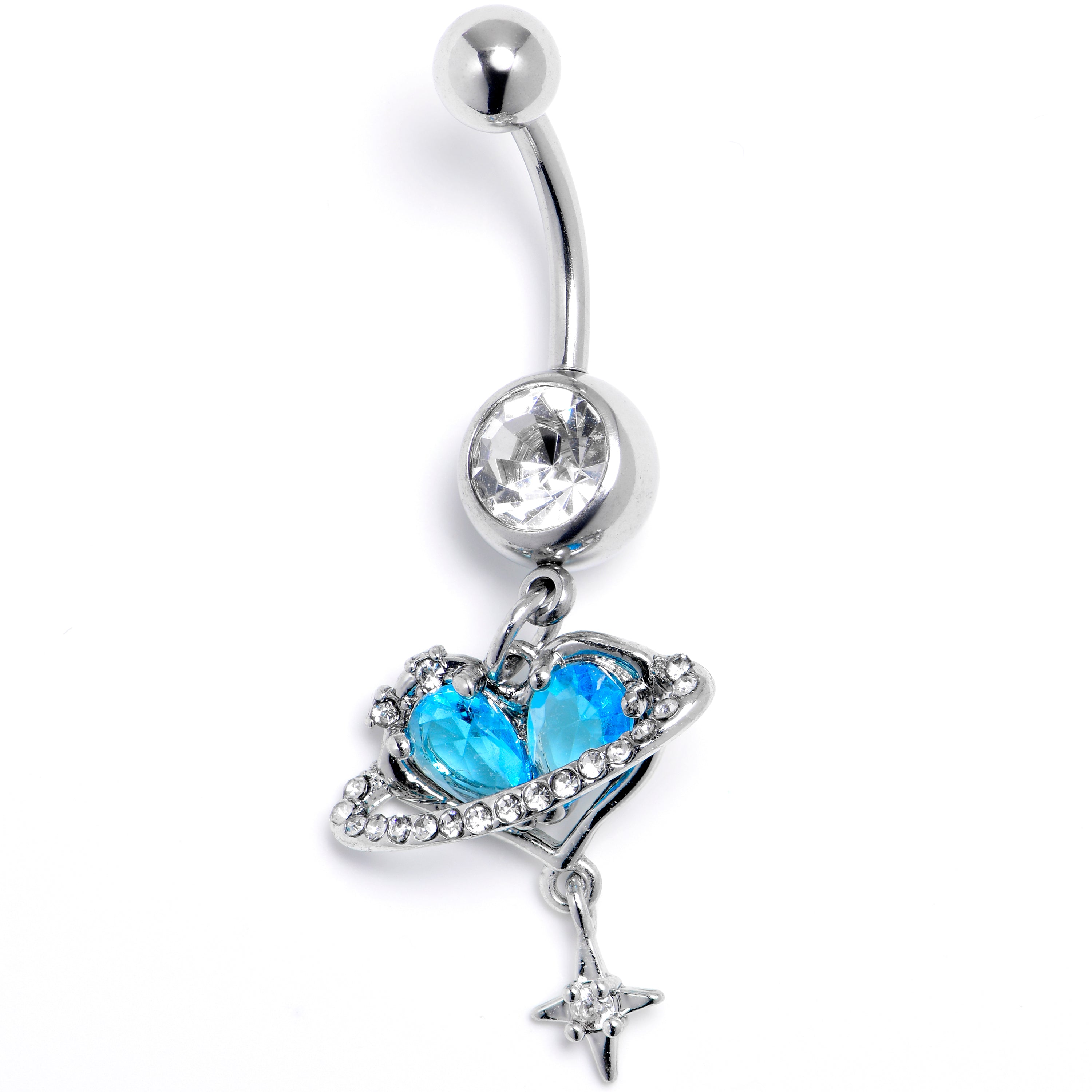 Blue Clear CZ Gem Starry Heart Saturn Dangle Belly Ring