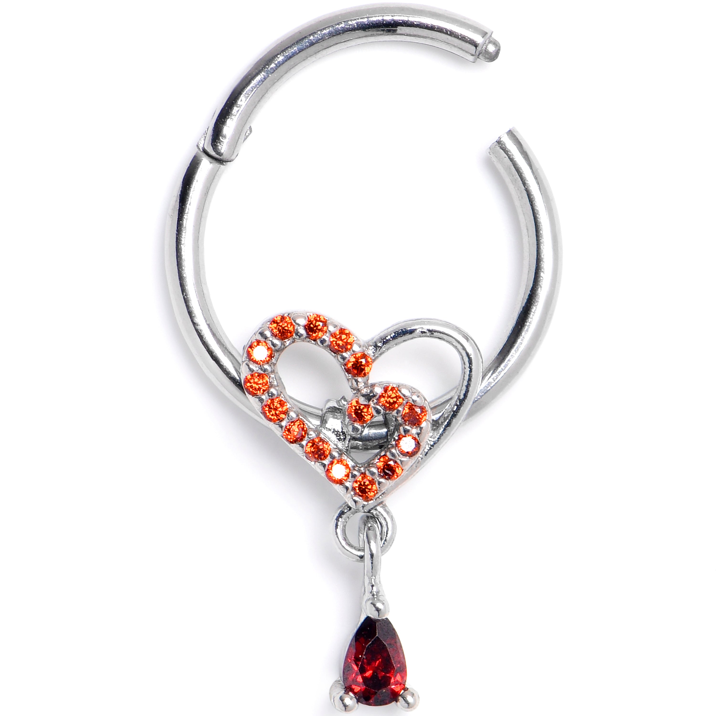 16 Gauge 3/8 Red CZ Gem Asymmetrical Heart Dangle Hinged Segment Ring