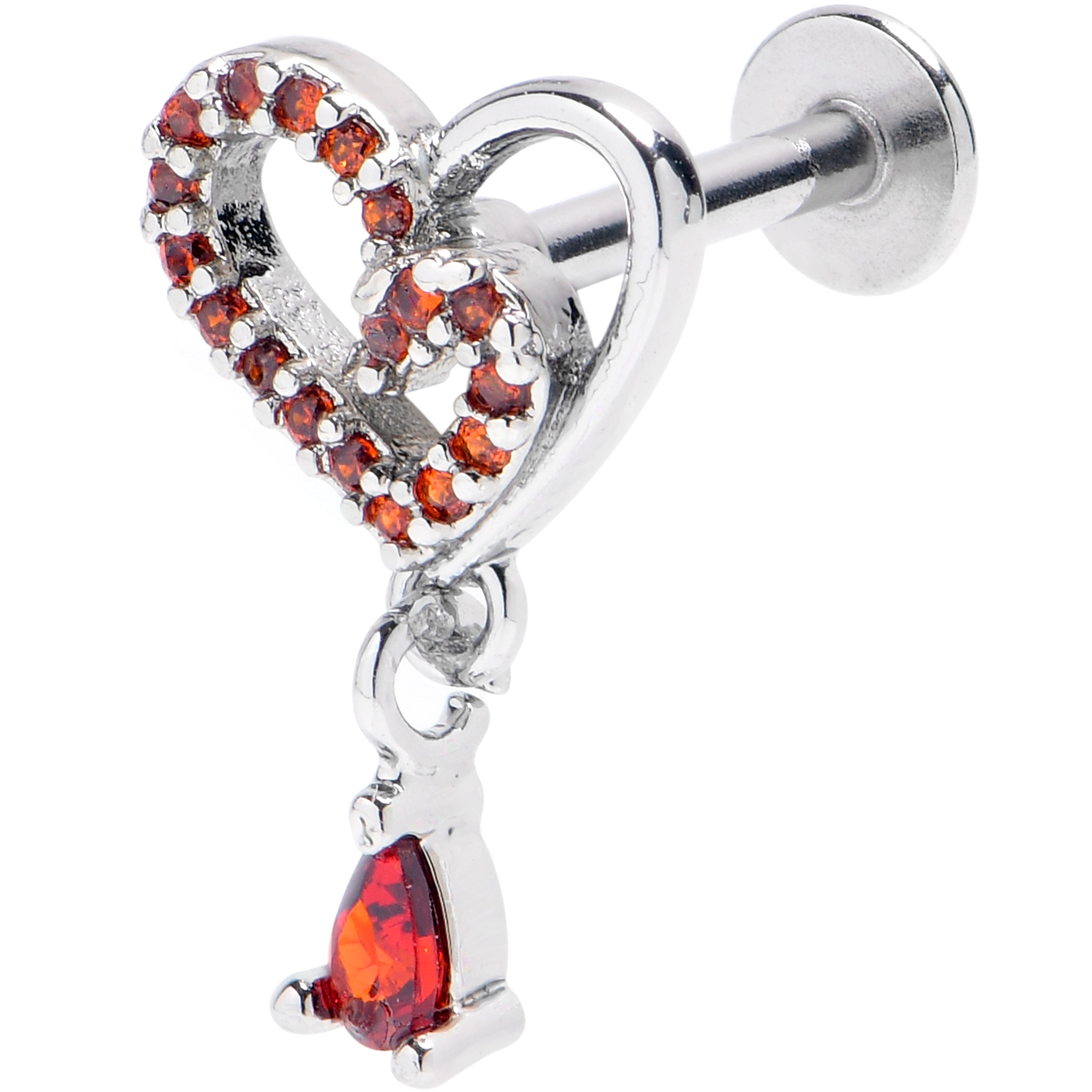 16 Gauge 5/16 Red CZ Gem Asymmetrical Heart Dangle Labret Monroe Tragus