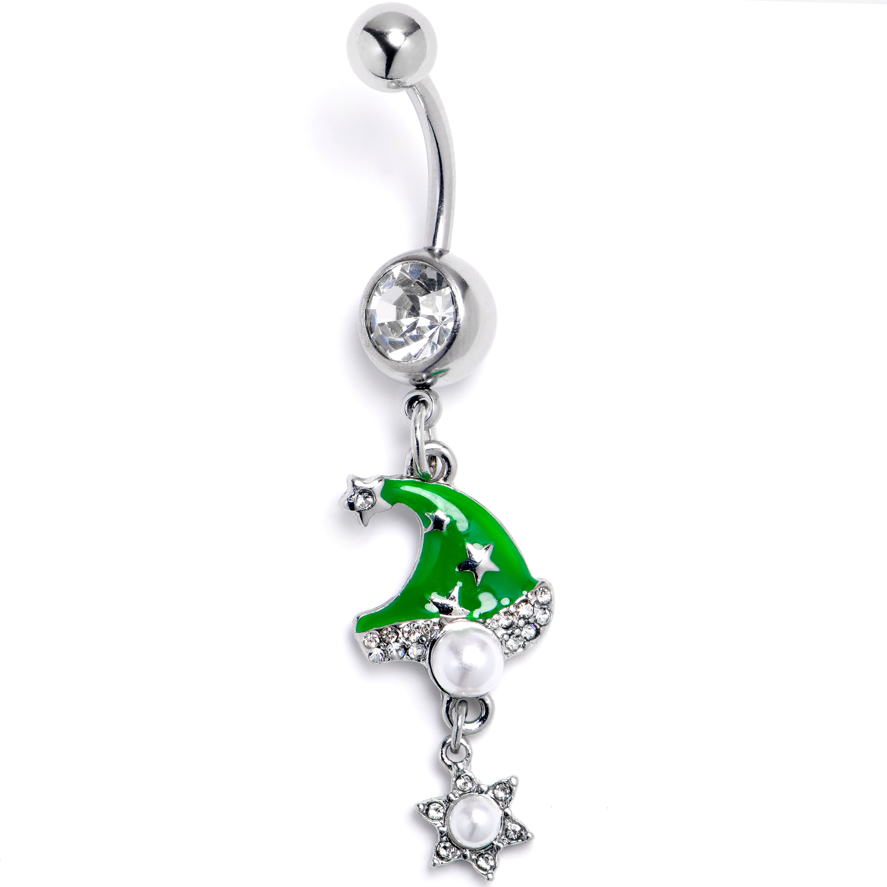 Clear Gem Santa Hat Stars Green Dangle Belly Ring