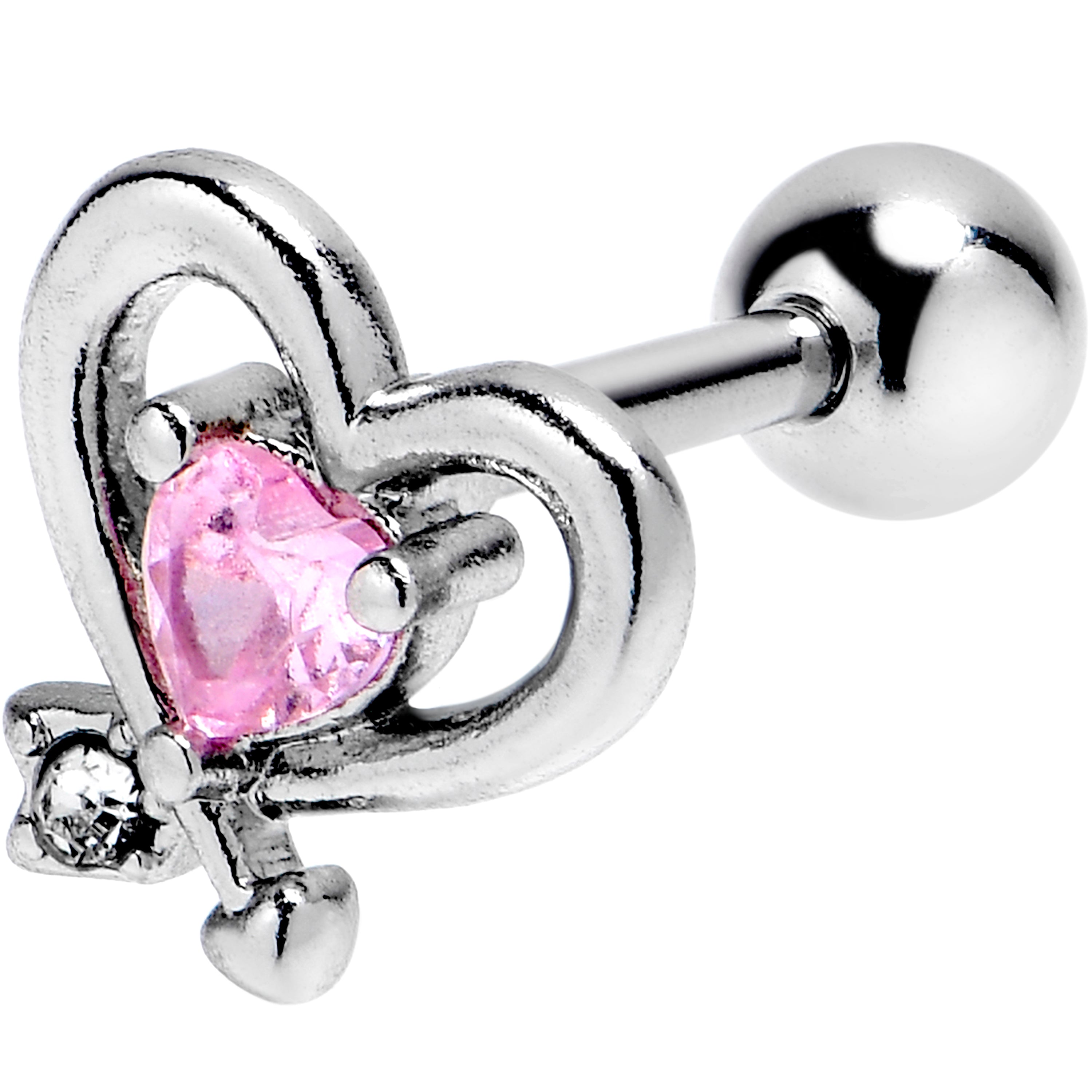 16 Gauge 1/4 Pink CZ Gem Wrapped In Heart Cartilage Tragus Earring