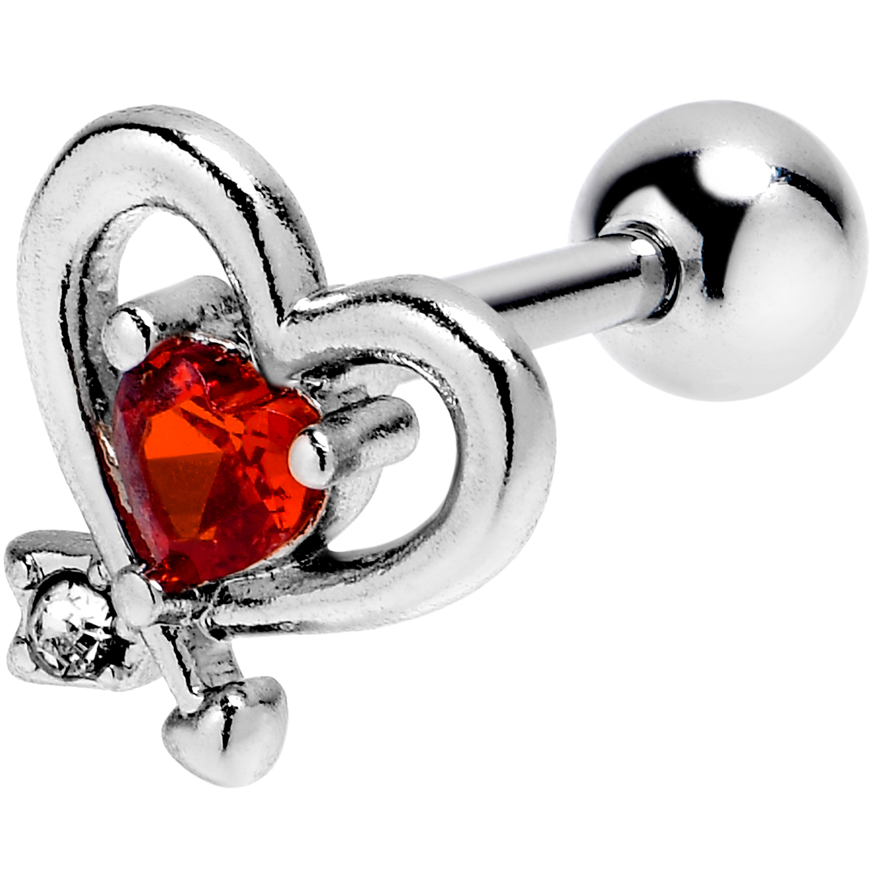 16 Gauge 1/4 Red CZ Gem Wrapped In Heart Cartilage Tragus Earring