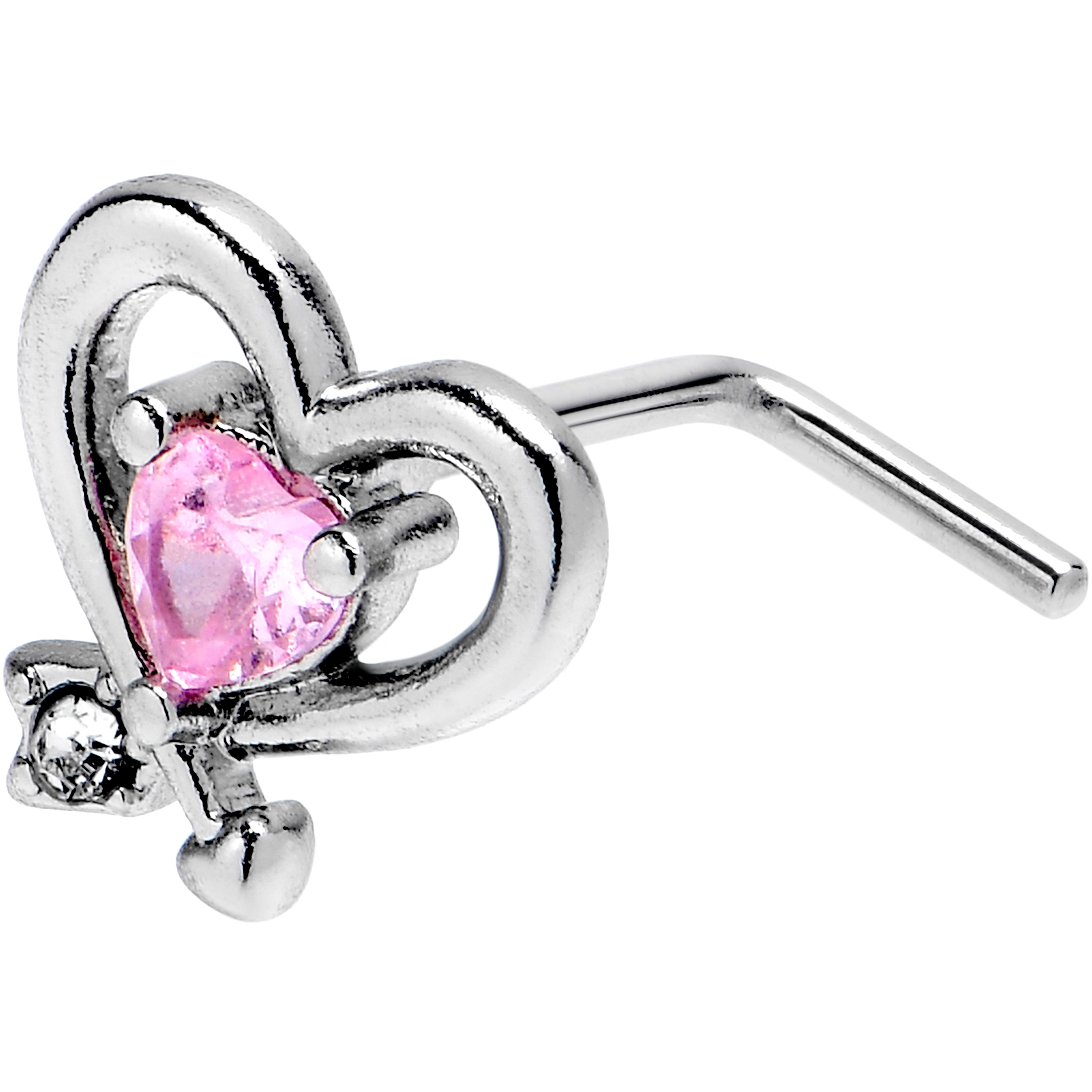 20 Gauge 7mm Pink CZ Gem Wrapped In Heart L Shape Nose Ring