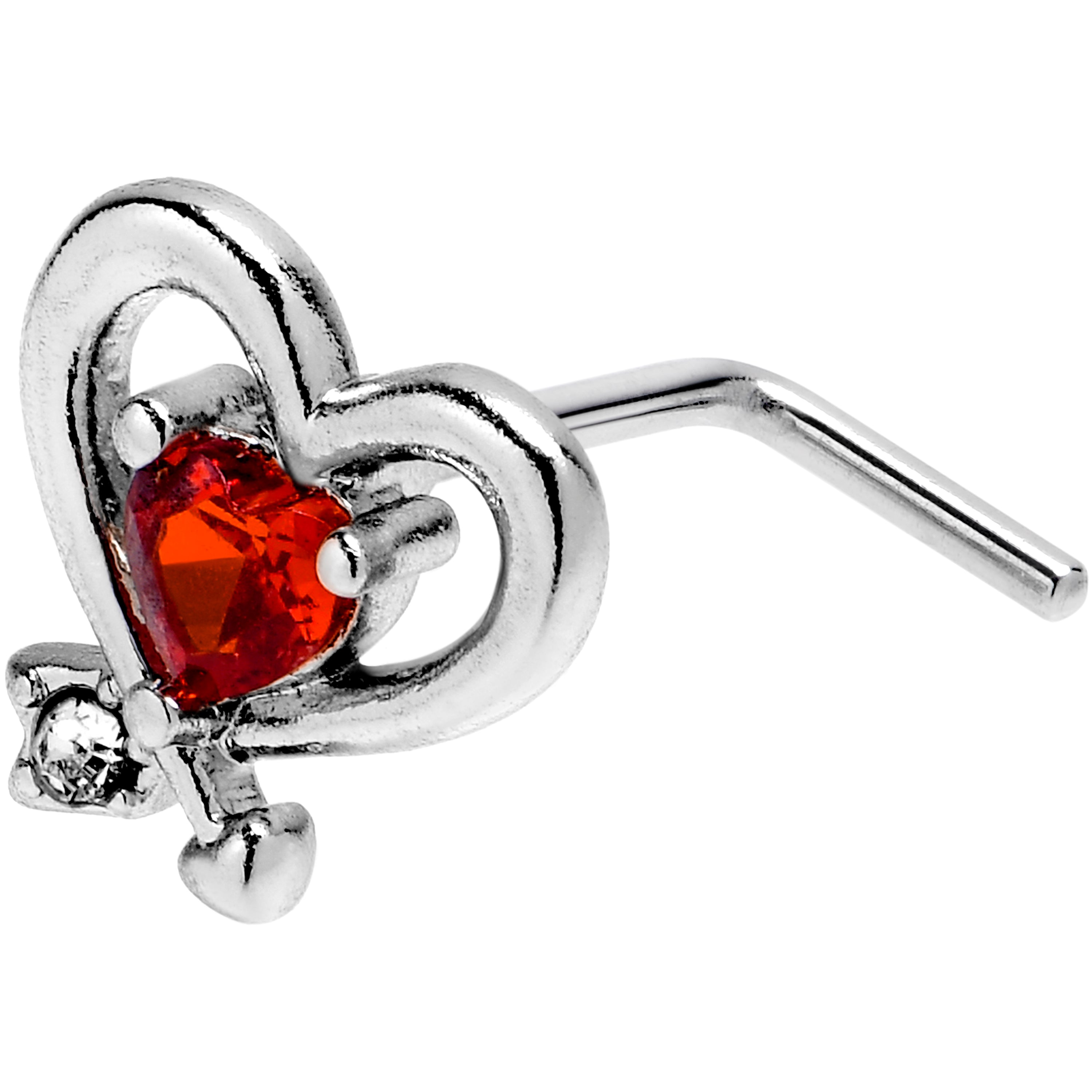 20 Gauge 7mm Red CZ Gem Wrapped In Heart L Shape Nose Ring