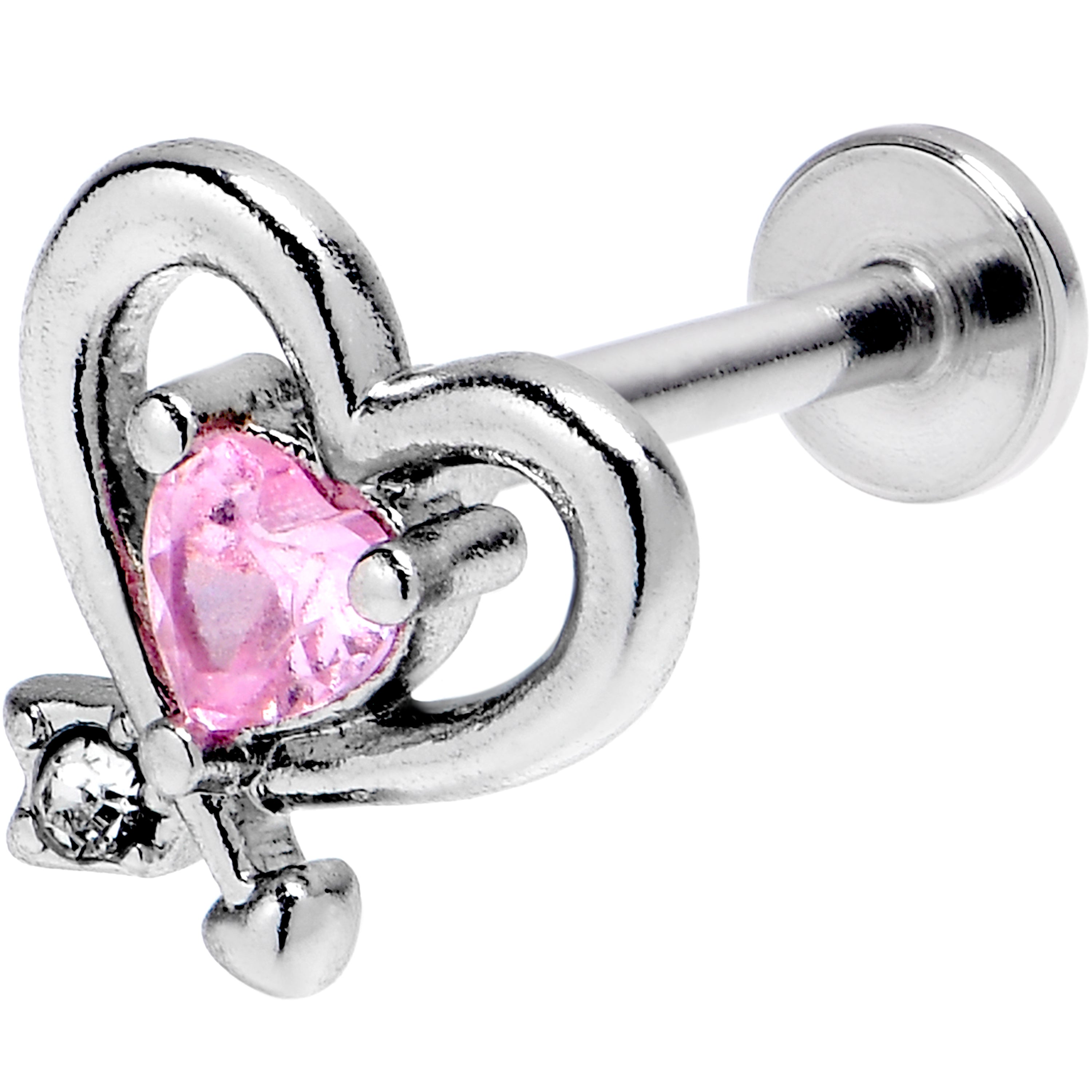 16 Gauge 5/16 Pink CZ Gem Internally Threaded Wrapped Heart Labret