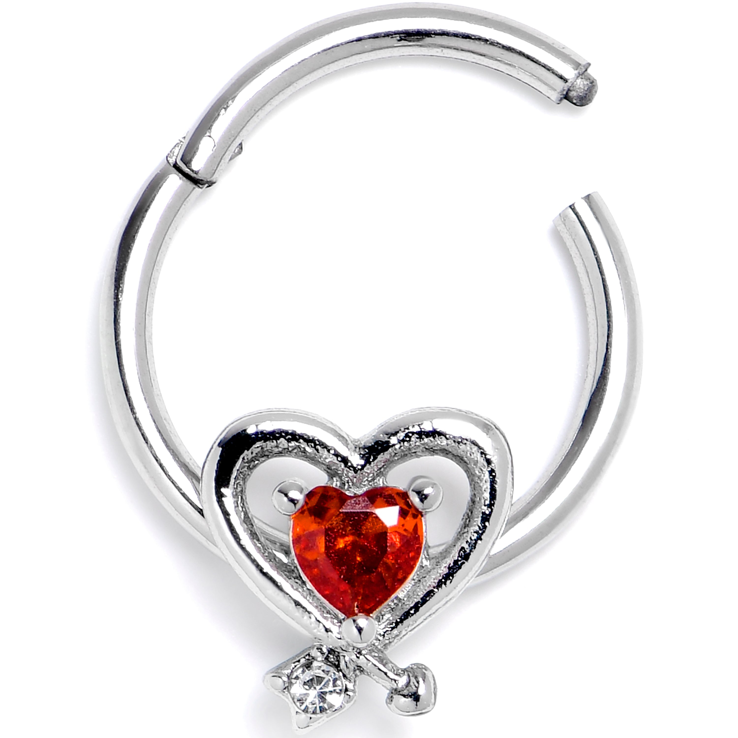 16 Gauge 3/8 Red CZ Gem Wrapped In Heart Hinged Segment Ring