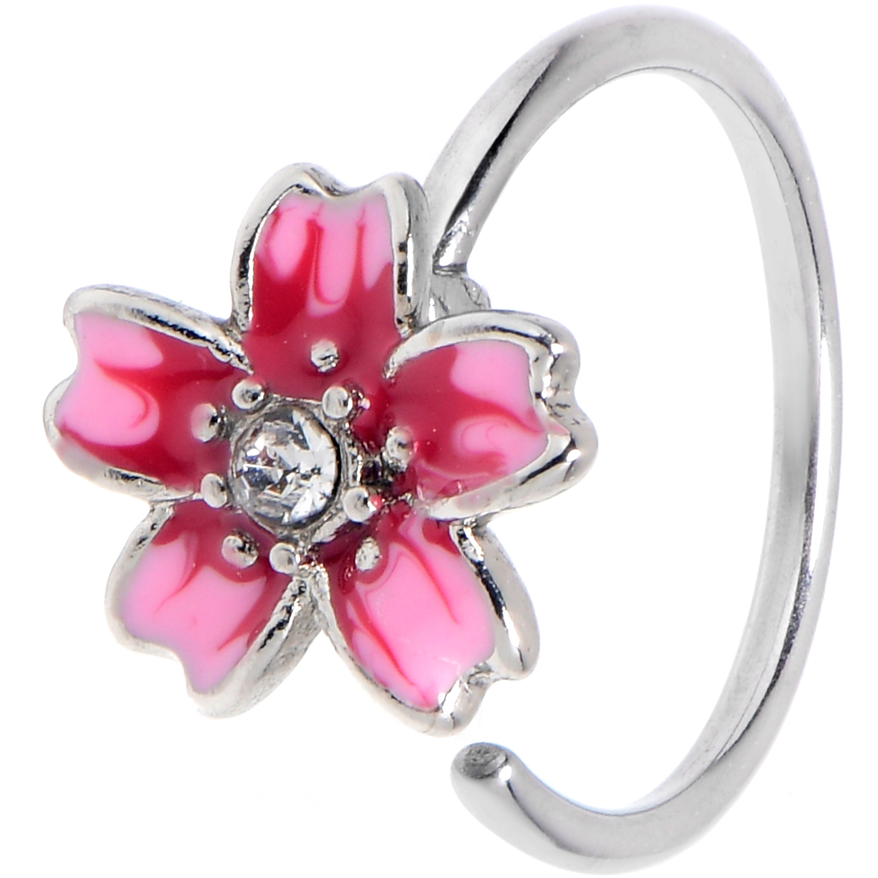 20 Gauge 5/16 Clear Gem Perfect Pink Flower Nose Hoop