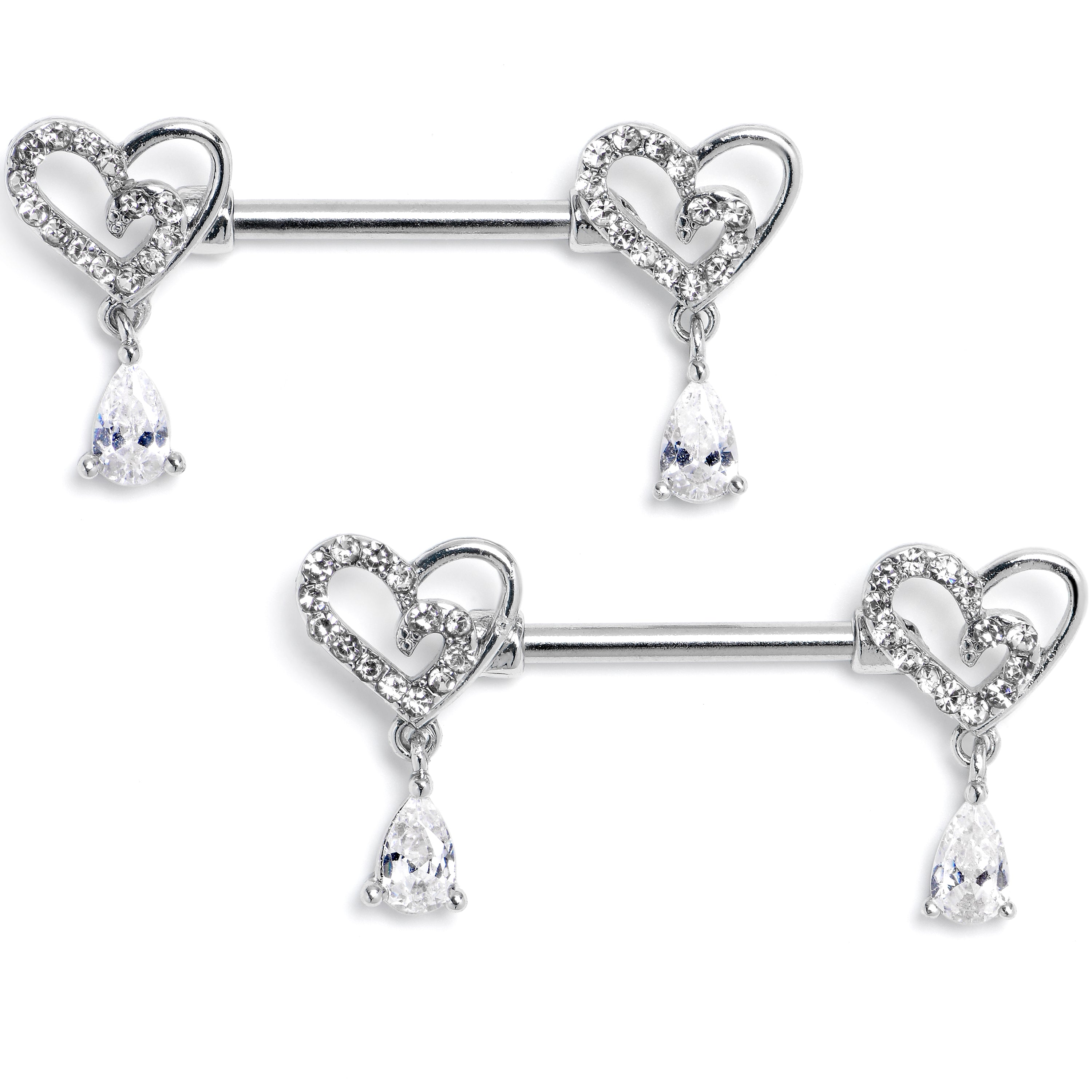 14 Gauge 9/16 Clear CZ Gem Asymmetrical Heart Dangle Nipple Ring Set