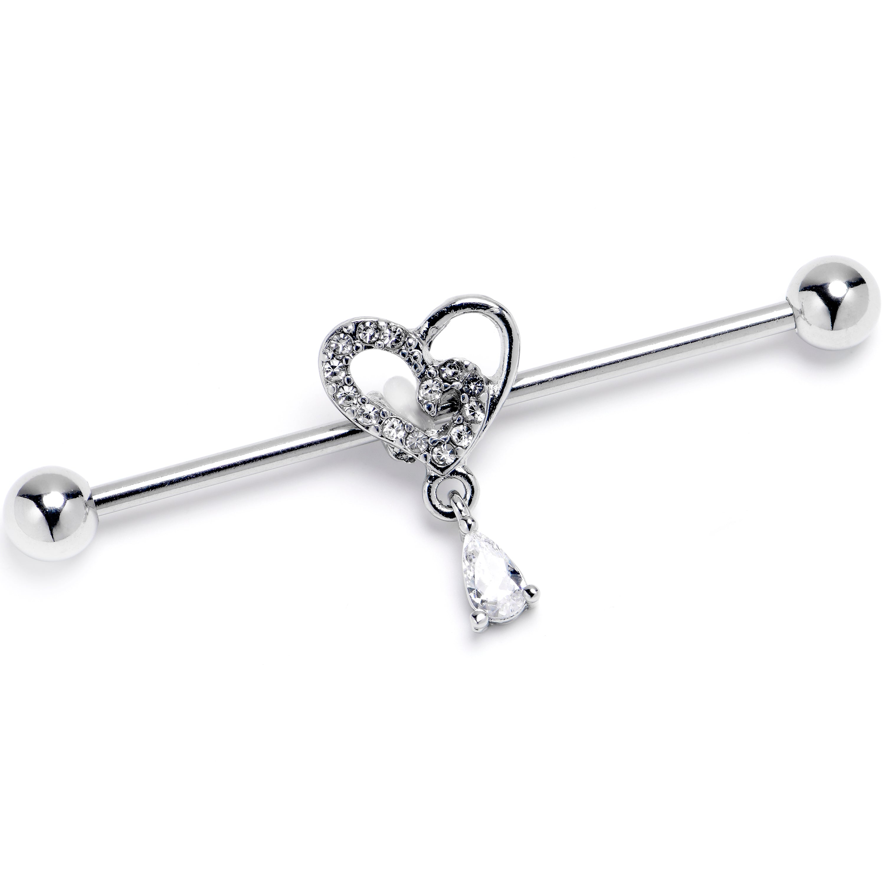 14 Gauge Clear CZ Gem Asymmetrical Heart Dangle Industrial Barbell 38mm