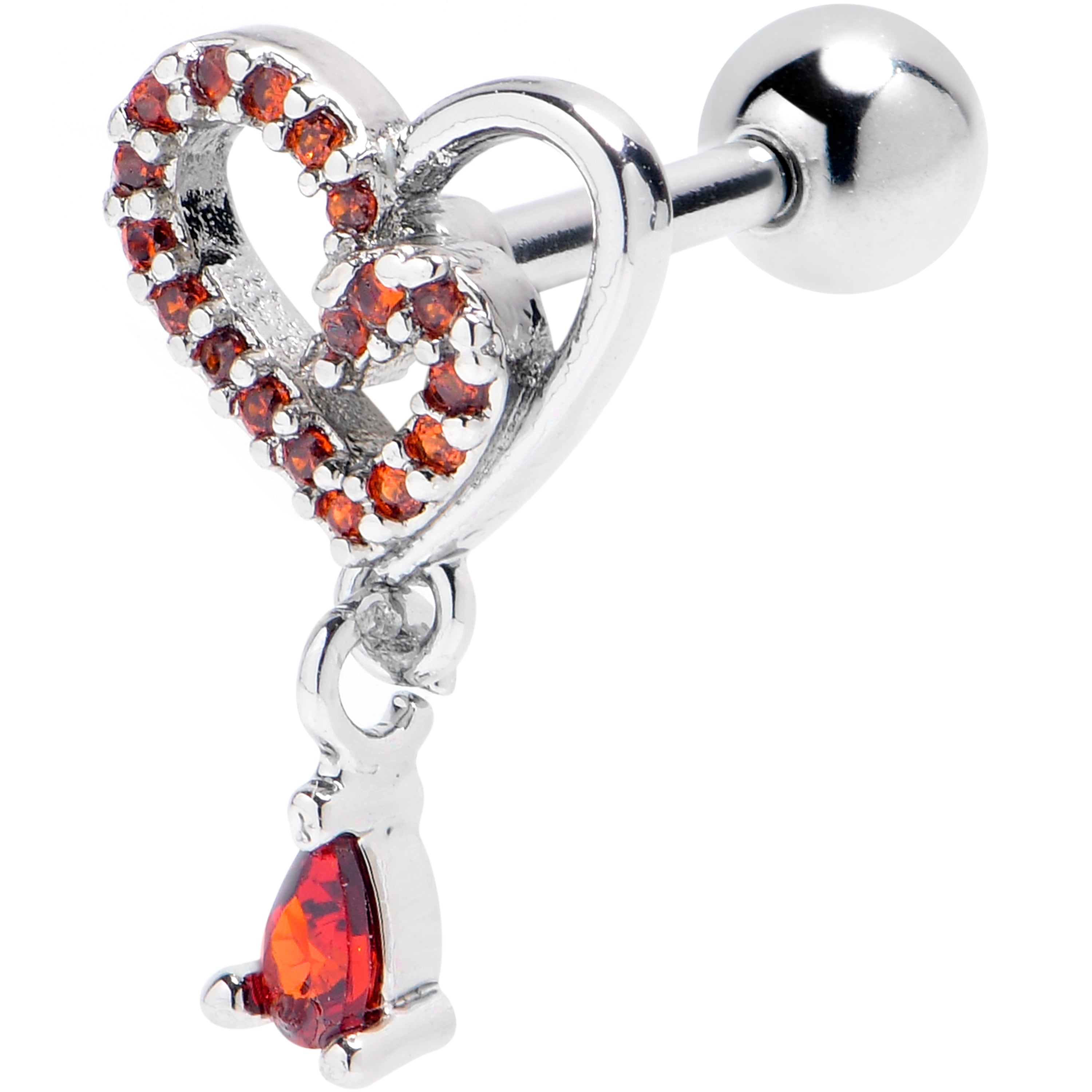 16 Gauge 1/4 Red CZ Gem Asymmetrical Heart Dangle Cartilage Earring