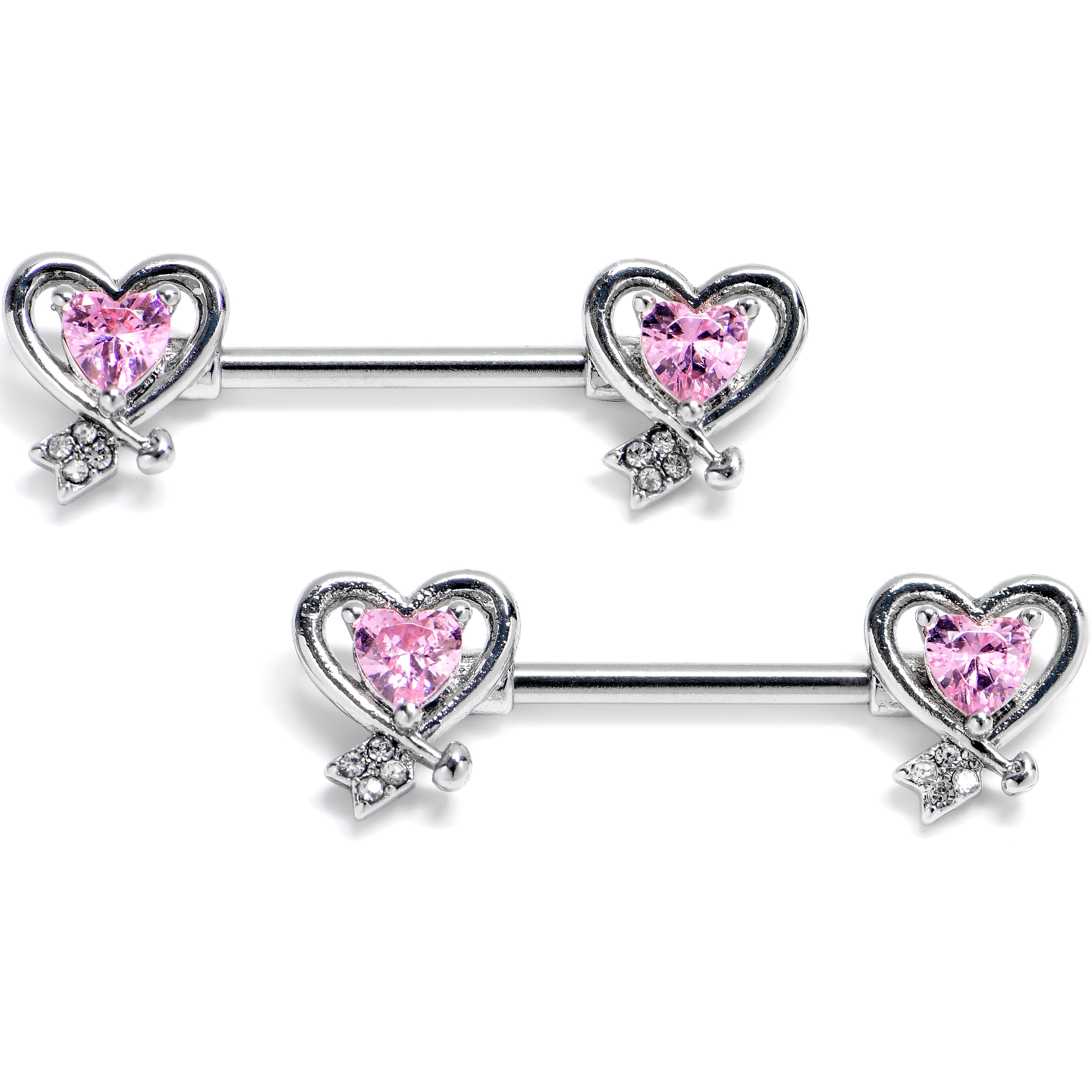 14 Gauge 9/16 Pink CZ Gem Wrapped In Heart Barbell Nipple Ring Set