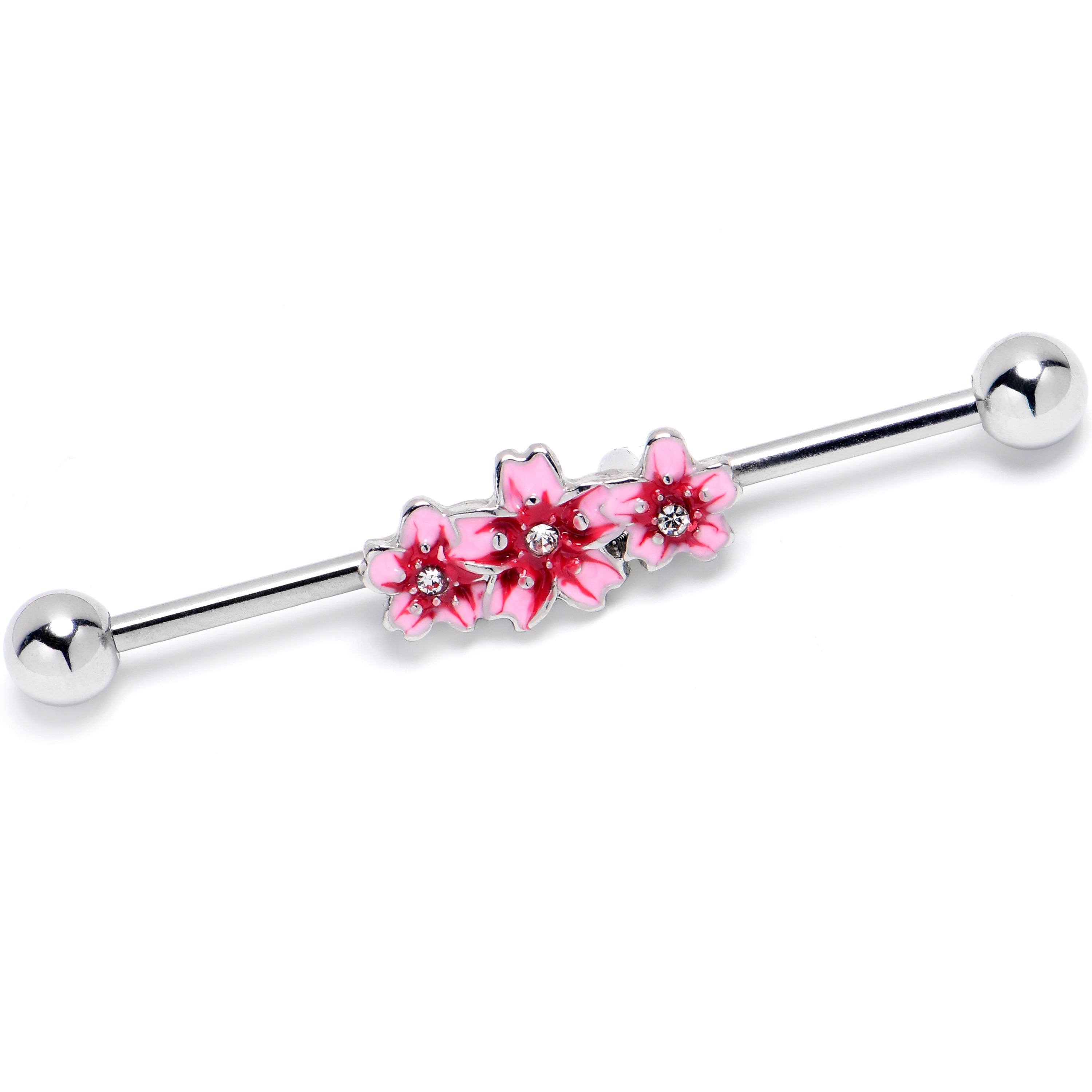 14 Gauge Clear Gem Perfect Pink Flower Trio Industrial Barbell 38mm