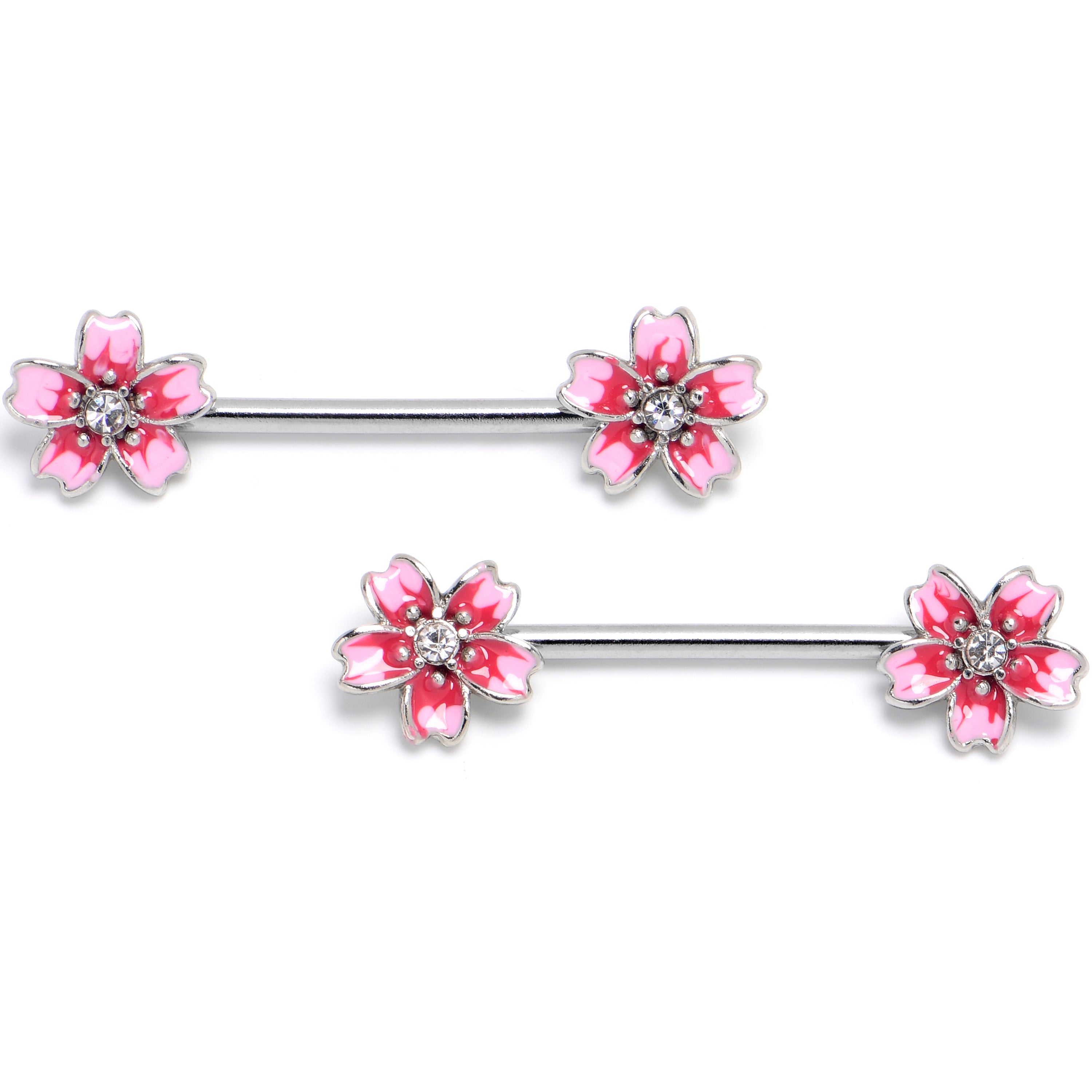 14 Gauge 9/16 Clear Gem Perfect Pink Flower Barbell Nipple Ring Set