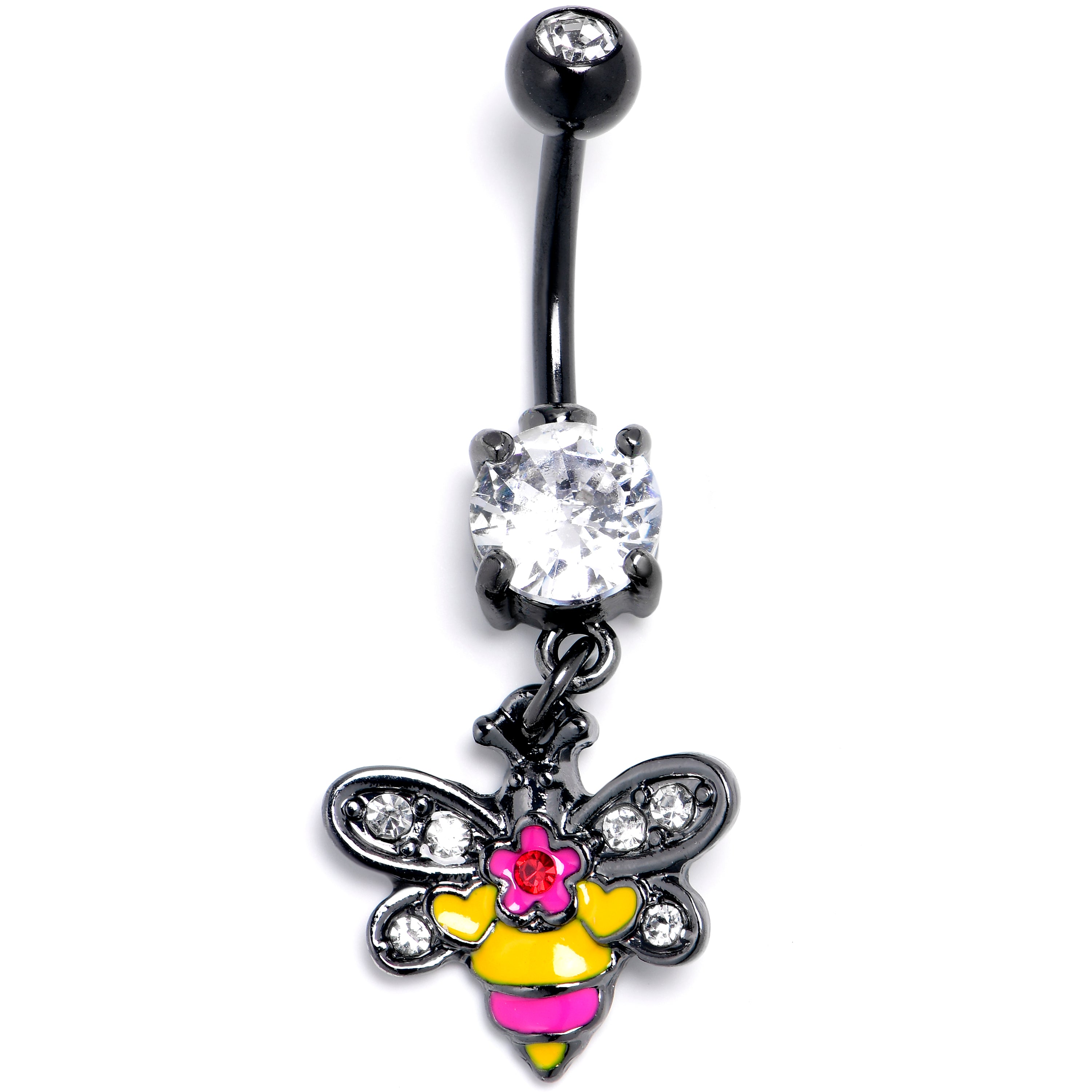 Clear CZ Gem Black Bright Bee Beauty Dangle Belly Ring