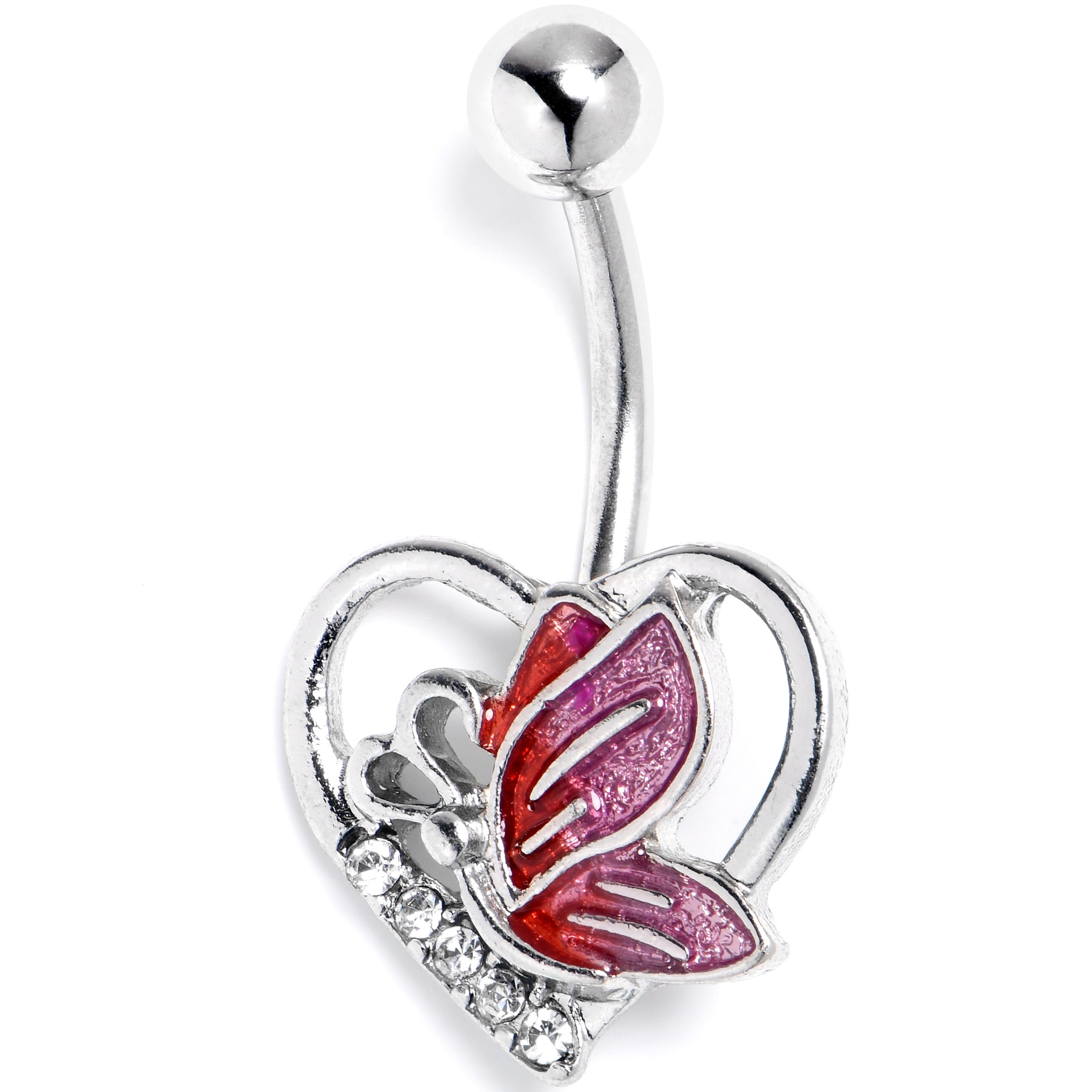 Clear Gem Butterfly Love Heart Pink Belly Ring