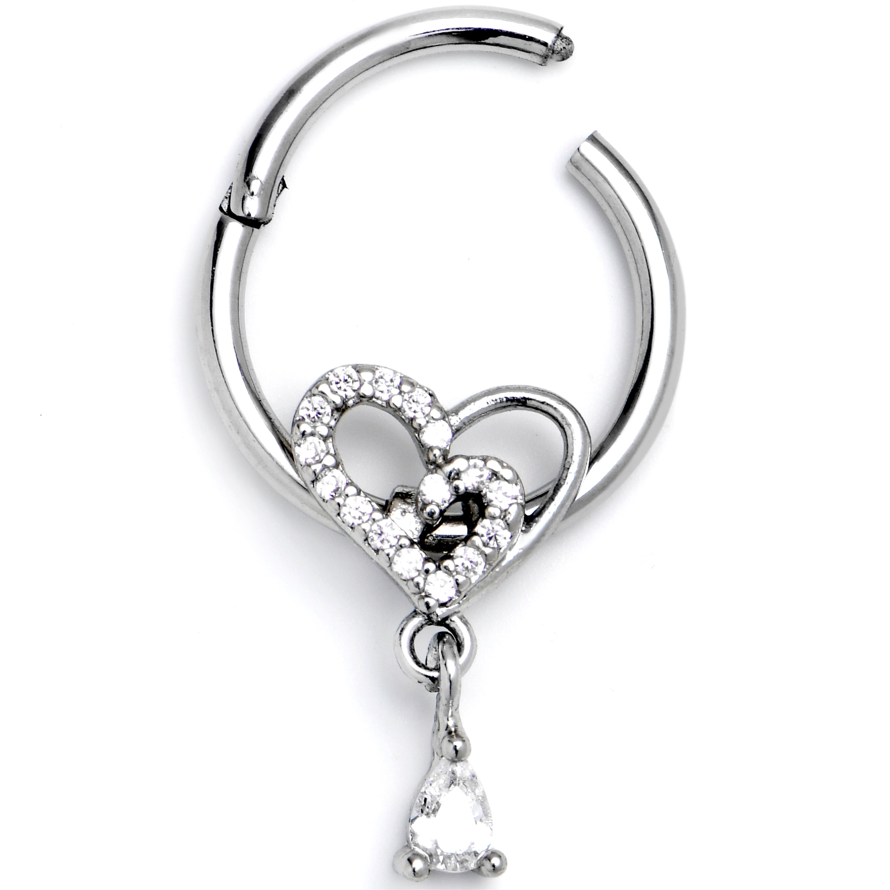 16 Gauge 3/8 Clear CZ Gem Asymmetrical Heart Dangle Hinged Segment Ring