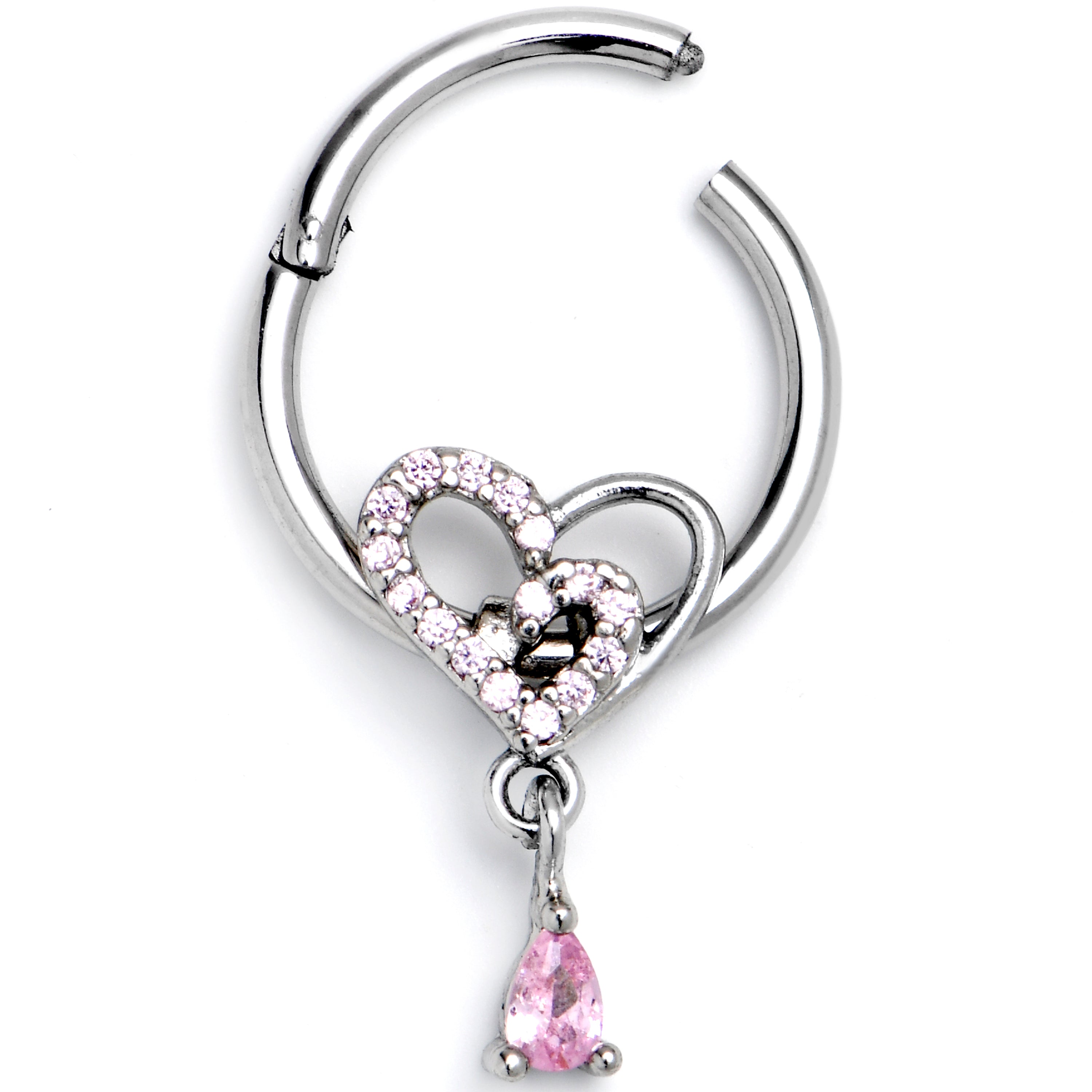 16 Gauge 3/8 Pink CZ Gem Asymmetrical Heart Dangle Hinged Segment Ring