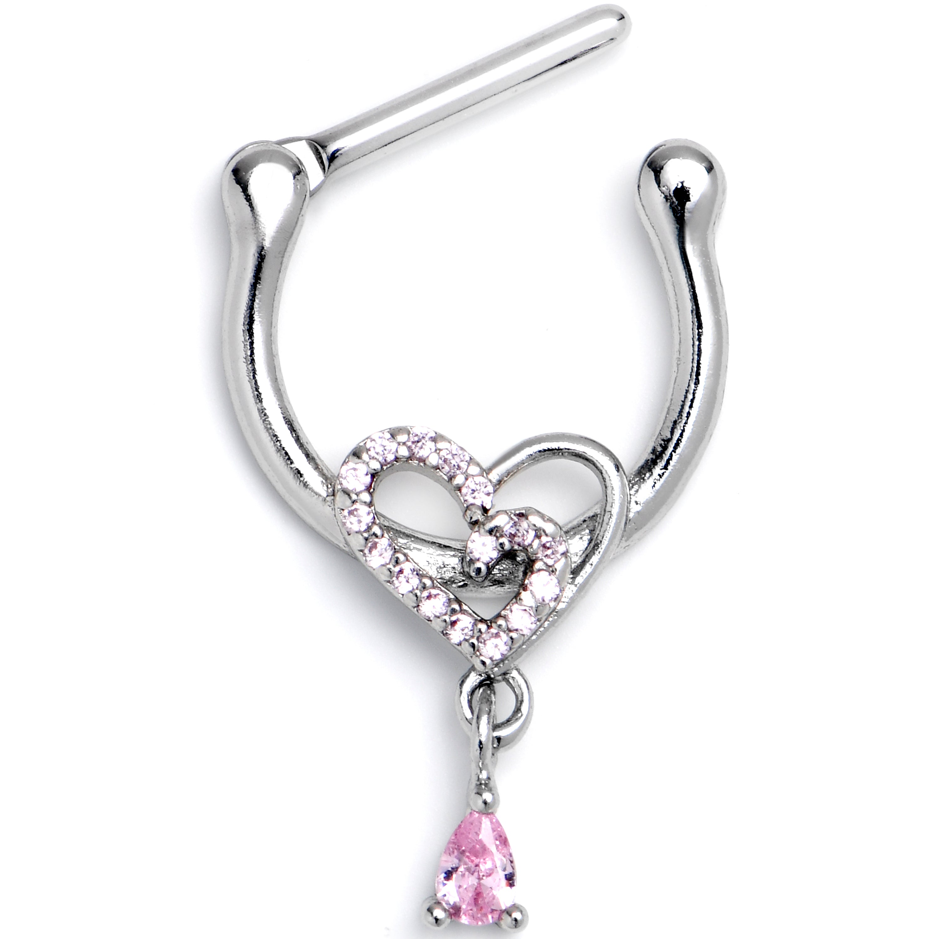 16 Gauge 5/16 Pink CZ Gem Asymmetrical Heart Dangle Cartilage Clicker