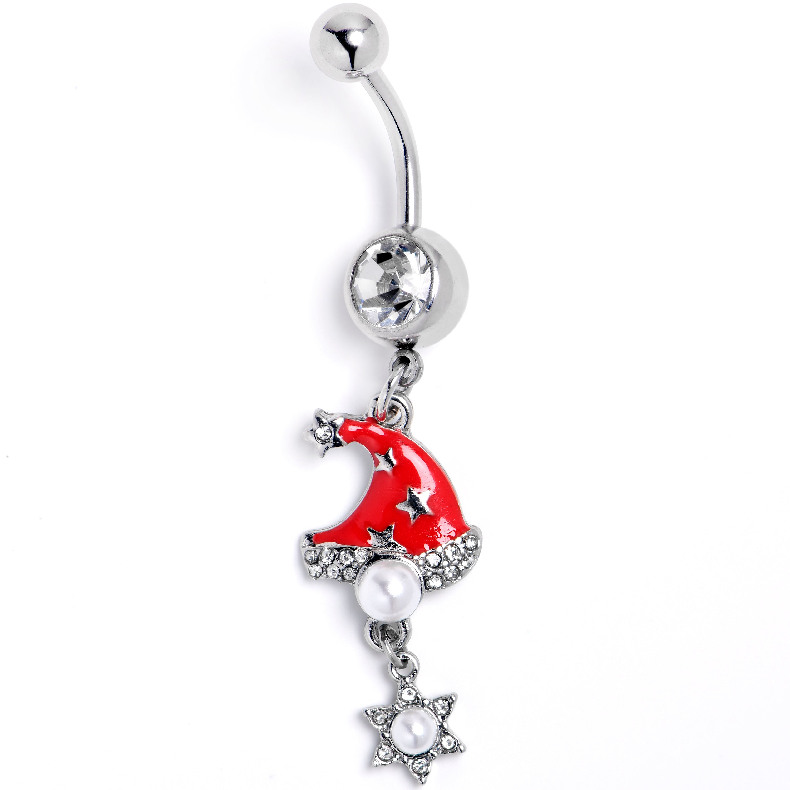 Clear Gem Santa Hat Stars Red Dangle Belly Ring